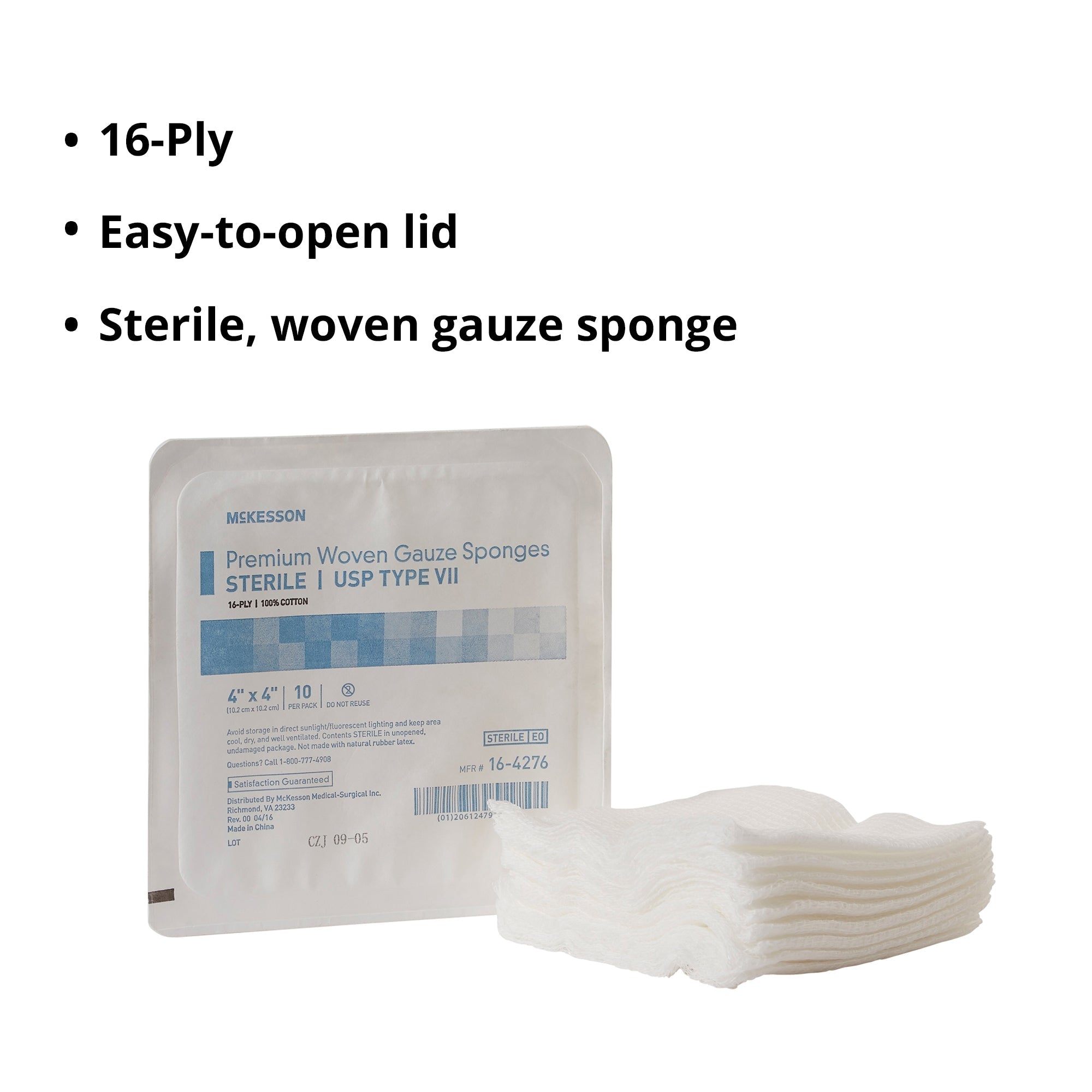 Gauze Sponge McKesson 4 X 4 Inch 16-Ply Sterile 10 per Tray, Packaging Type- Case