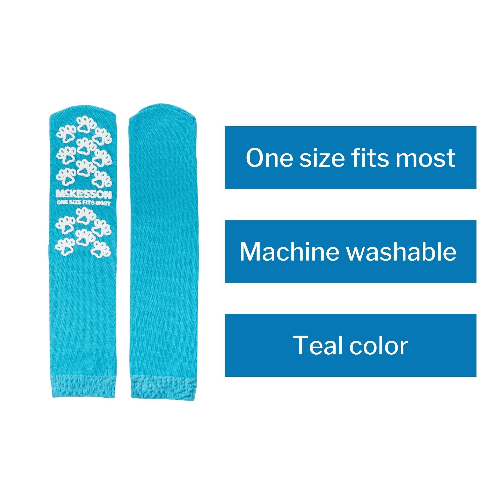 Slipper Socks McKesson Paw Prints Unisex Adult One Size Fits Most Single Tread Single Patient Use Teal, Packaging Type- Case