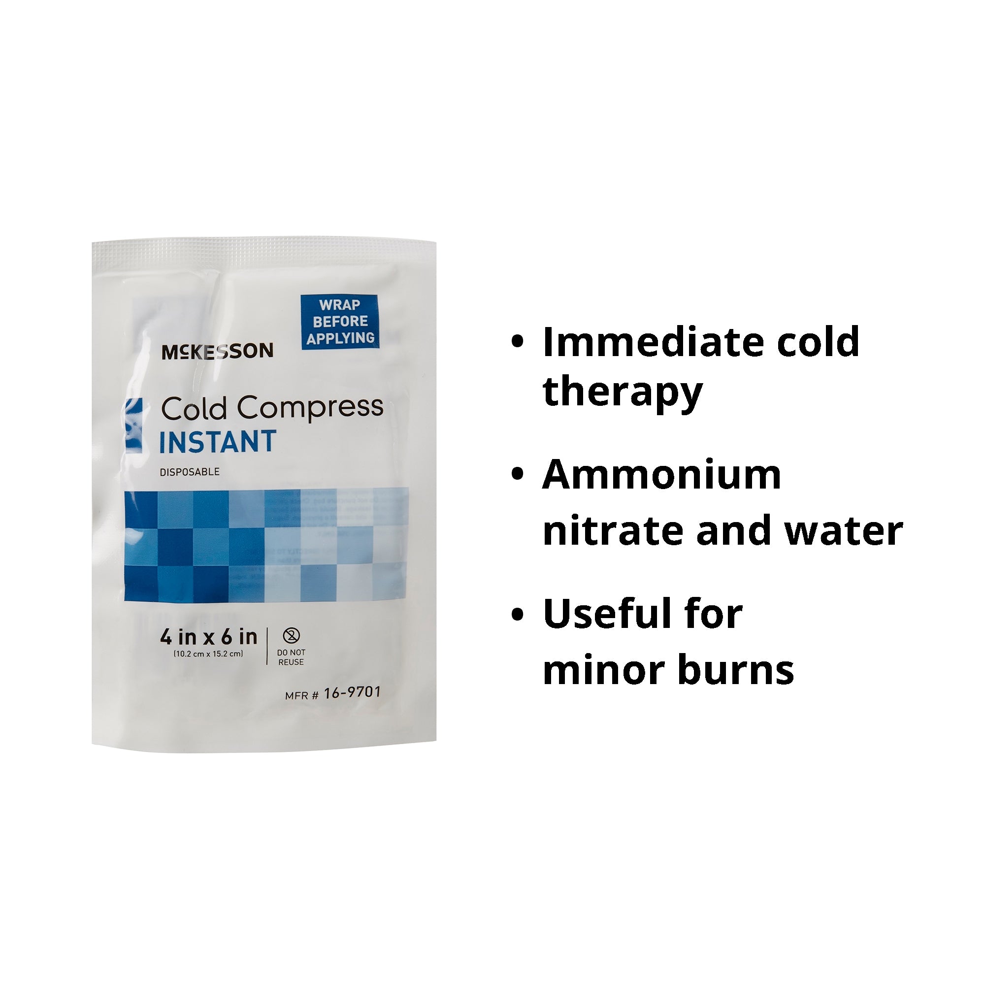 Instant Cold Pack McKesson General Purpose 4 X 6 Inch Plastic / Calcium Ammonium Nitrate / Water Disposable, Packaging Type- Each