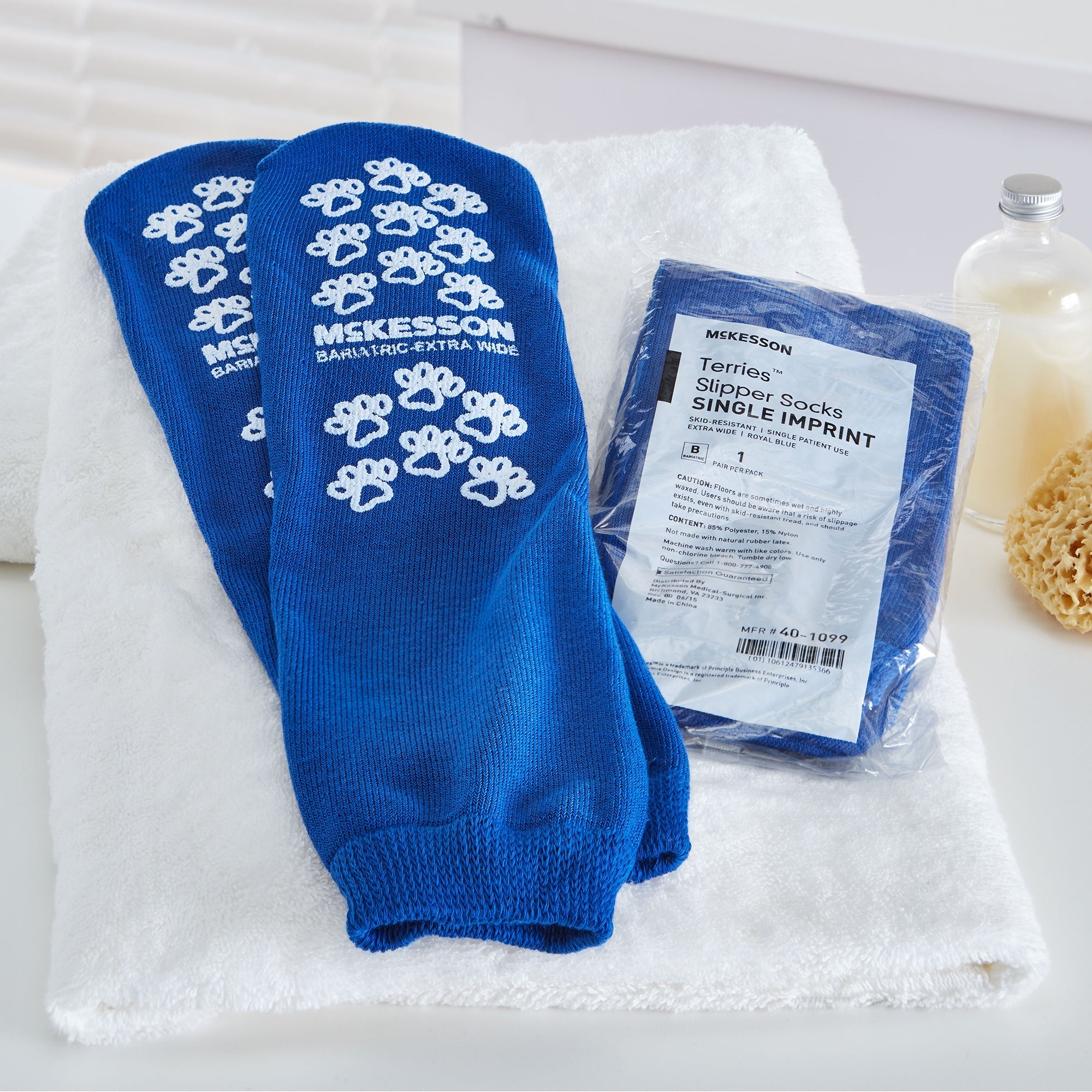 Slipper Socks McKesson Terries Unisex Adult Bariatric / X-Wide Single Tread Single Patient Use Royal Blue, Packaging Type- Case