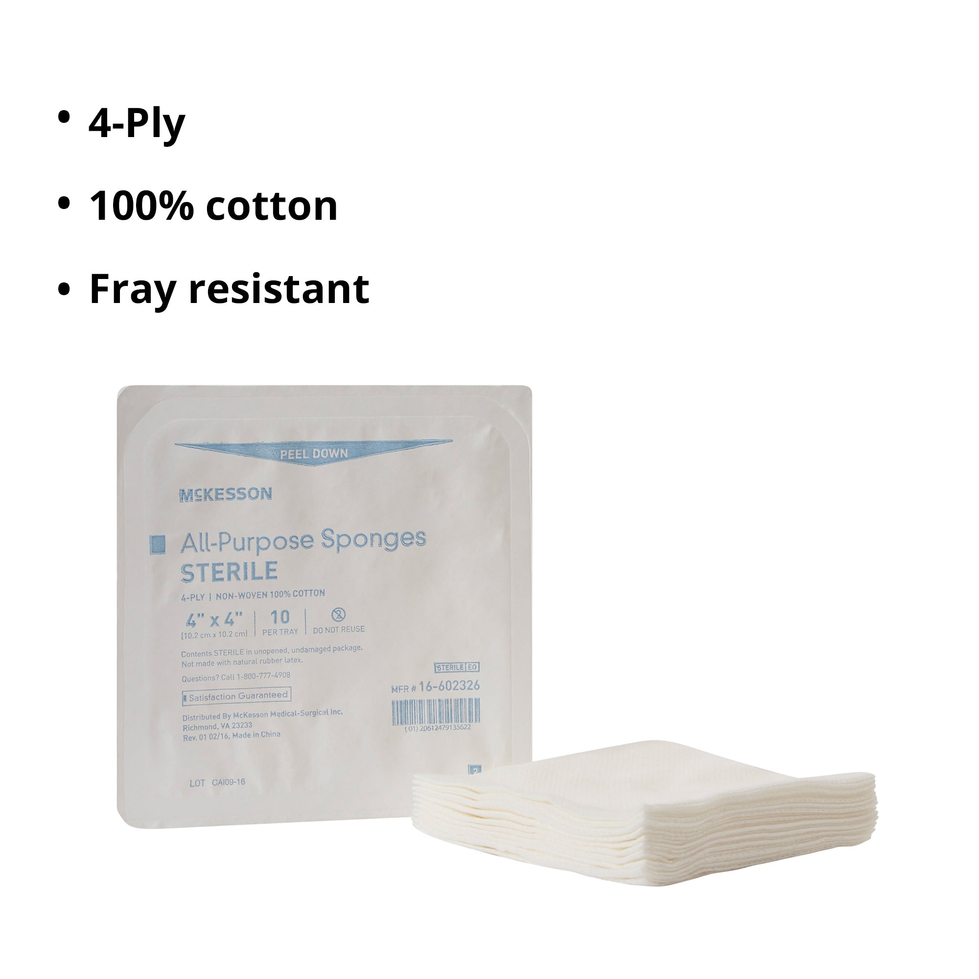 Esponja no tejida McKesson de 4 x 4 pulgadas, 4 capas, estéril, 10 por bandeja, tipo de embalaje: caja
