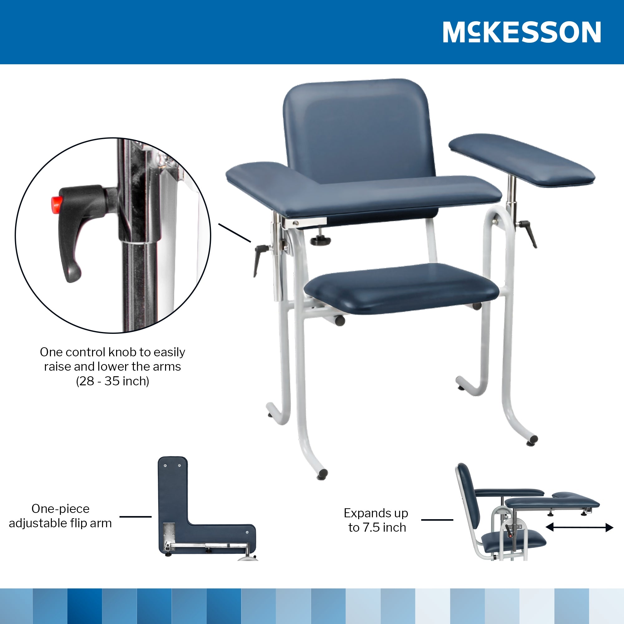Blood Drawing Chair McKesson 1 Straight Arm / 1 Flip Up Arm Blue, Packaging Type- Each