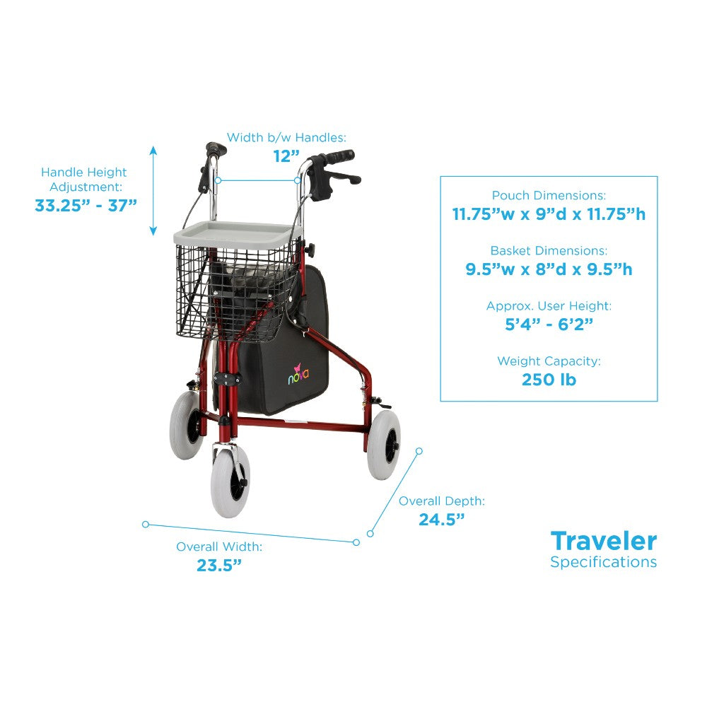 3 Wheel Rollator Traveler Red Adjustable Height / Folding Aluminum Frame, Packaging Type- Each