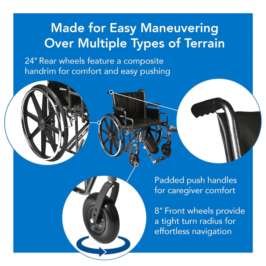 Probasics Heavy Duty K0007 Wheelchair with Detachable desk-length and Seat with Footrests ,8" Front 24" Back Wheels ,450-600 lbs Weight Capacity ,22" x 18" ,WC72218DS