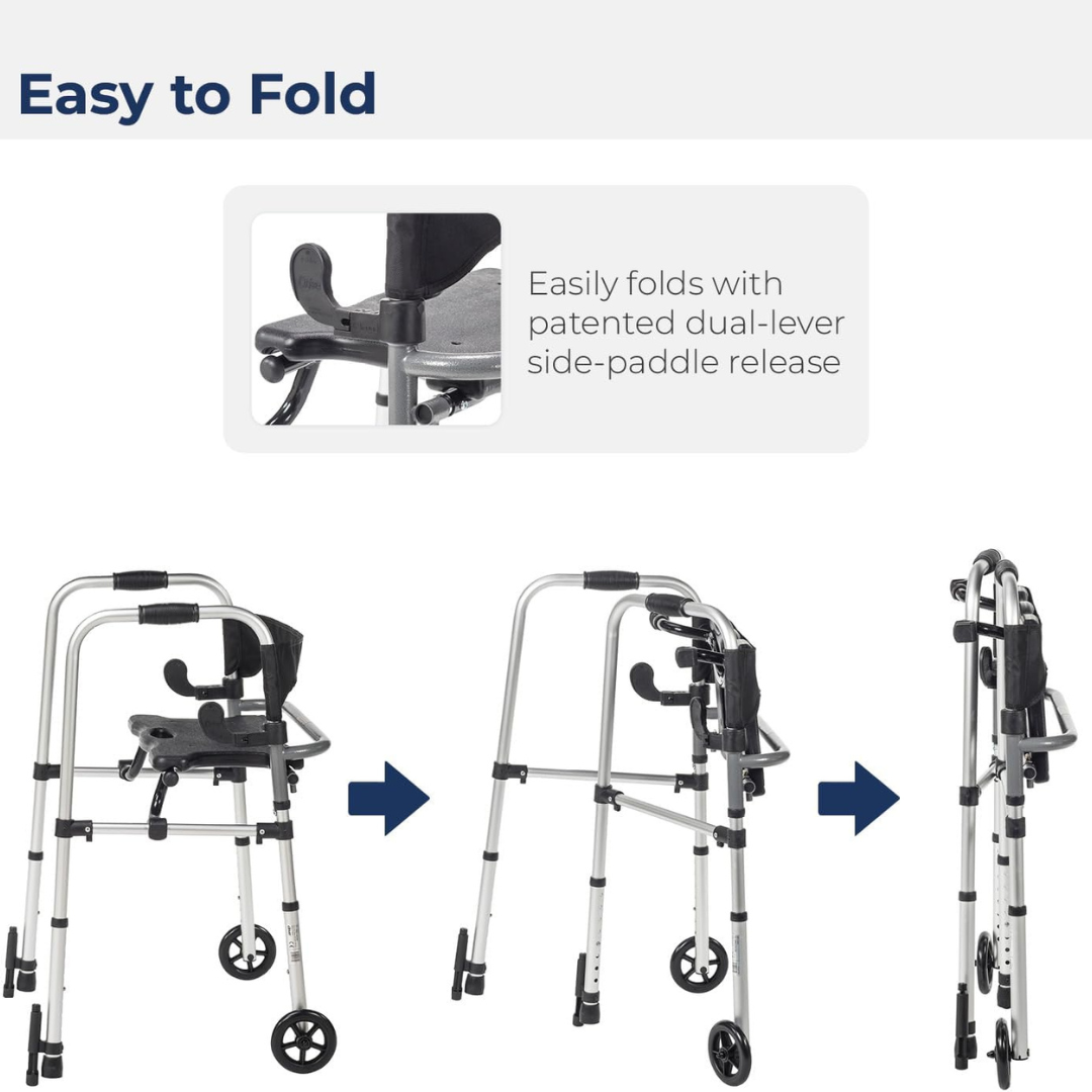 Clever-Lite LS Dual Release Folding Walker with Wheels and Seat Adjustable Height Clever-Lite LS Aluminum Frame 300 lbs. Weight Capacity 29-1/2 to 39 Inch Height, Packaging Type- Each