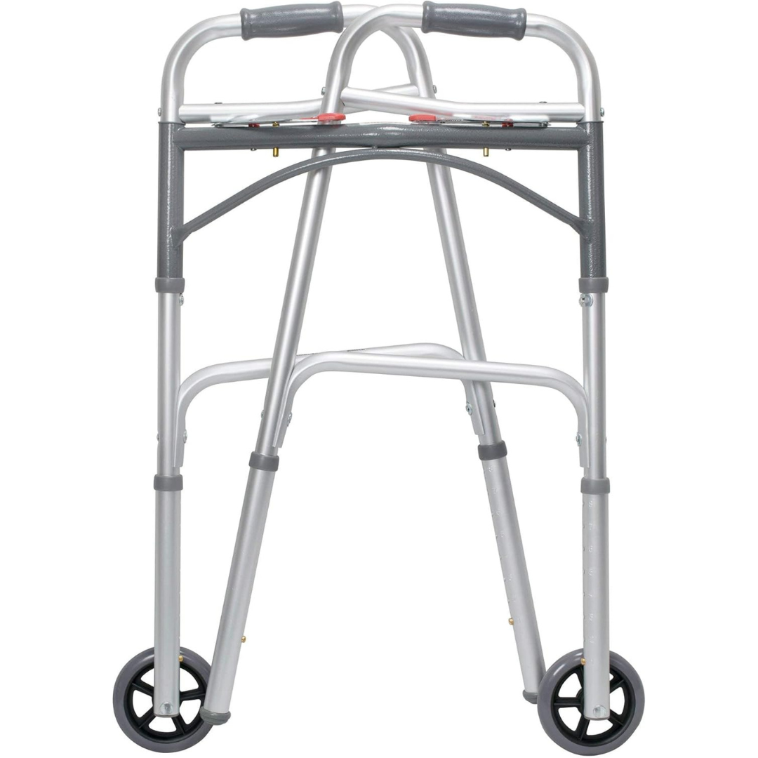 Dual Release Folding Walker with Wheels Adjustable Height McKesson Aluminum Frame 350 lbs. Weight Capacity 32 to 39 Inch Height Packaging type (each)