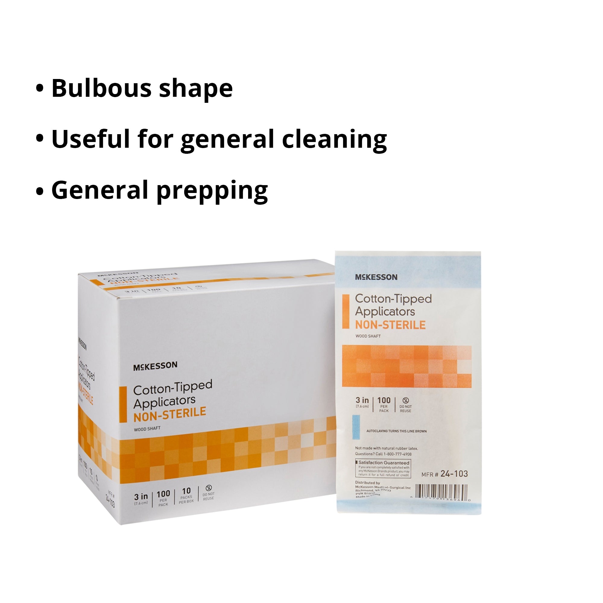 Hisopo McKesson con punta de algodón, mango de madera de 3 pulgadas, no estéril, 100 por paquete, tipo de embalaje: caja