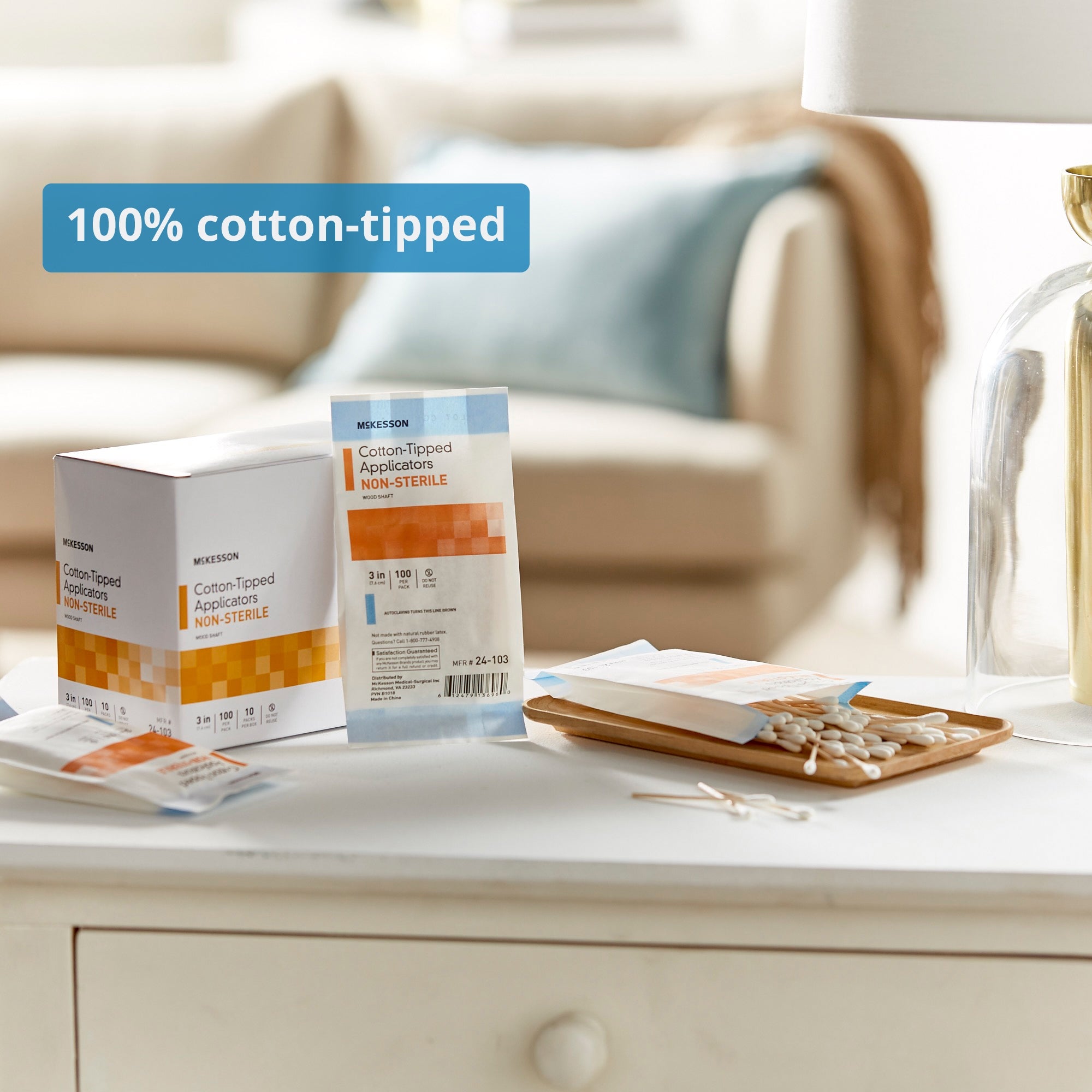 Hisopo McKesson con punta de algodón, mango de madera de 3 pulgadas, no estéril, 100 por paquete, tipo de embalaje: caja