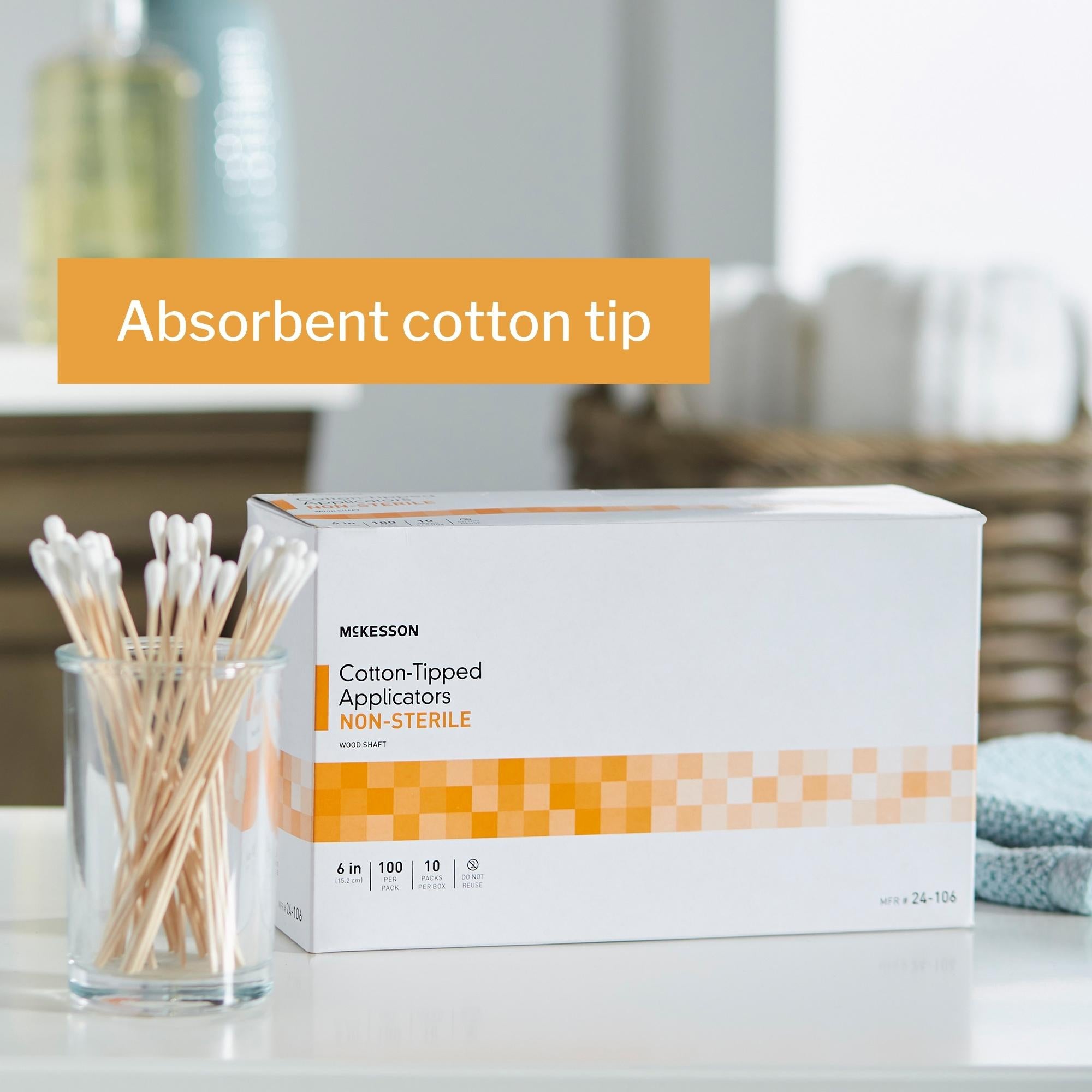 Hisopo McKesson con punta de algodón, mango de madera, 6 pulgadas, no estéril, 100 por paquete, tipo de embalaje: caja