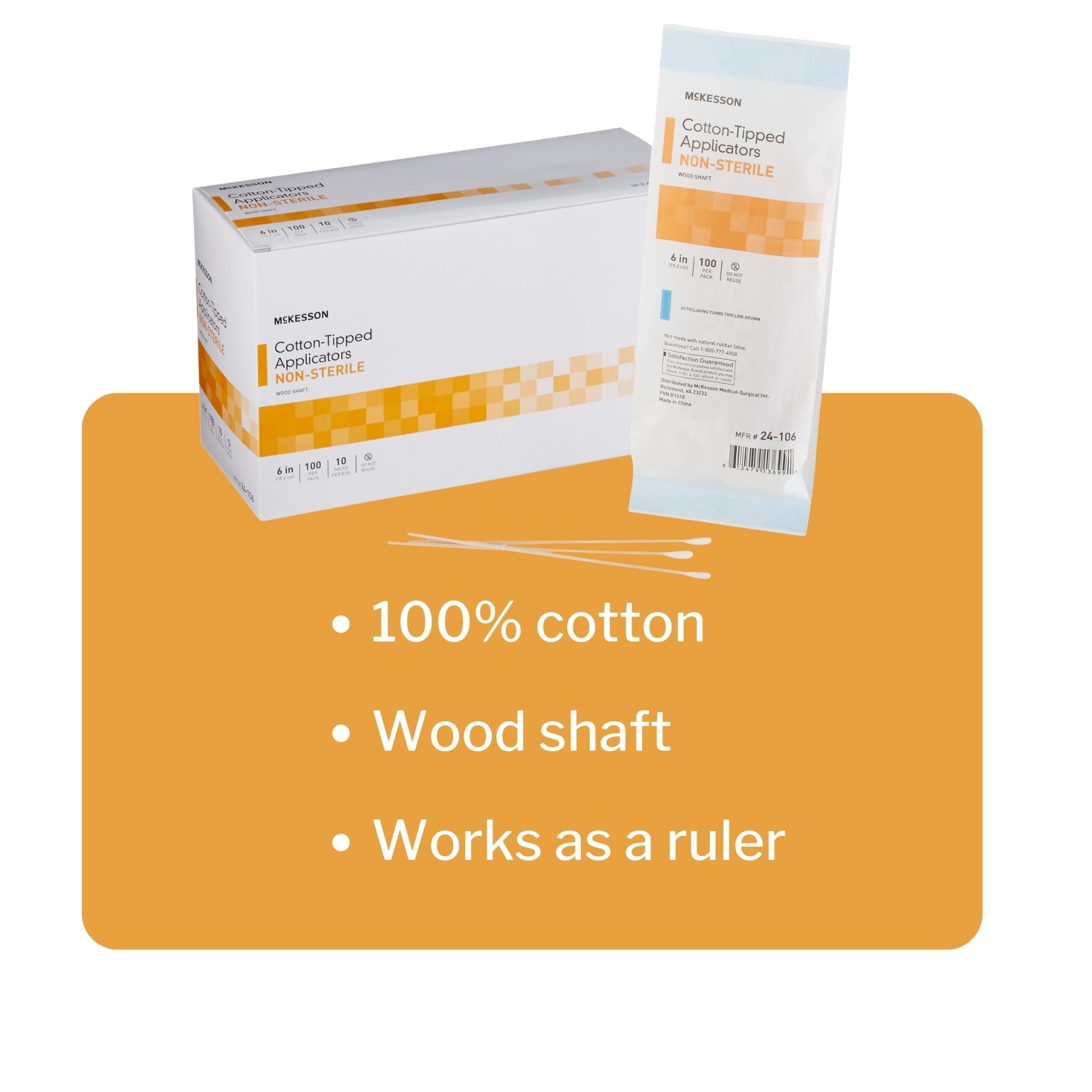 Hisopo McKesson con punta de algodón, mango de madera, 6 pulgadas, no estéril, 100 por paquete, tipo de embalaje: caja