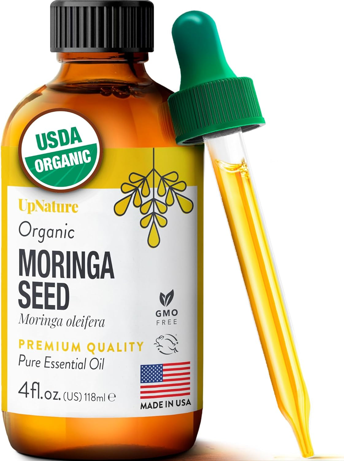 Moringa Oil Organic 4 OZ – USDA Certified Organic Moringa Seeds Oil - Moringa Oil for Face, Moringa Oleifera for Hair Growth - Therapeutic Grade, Undiluted, Non-Gmo