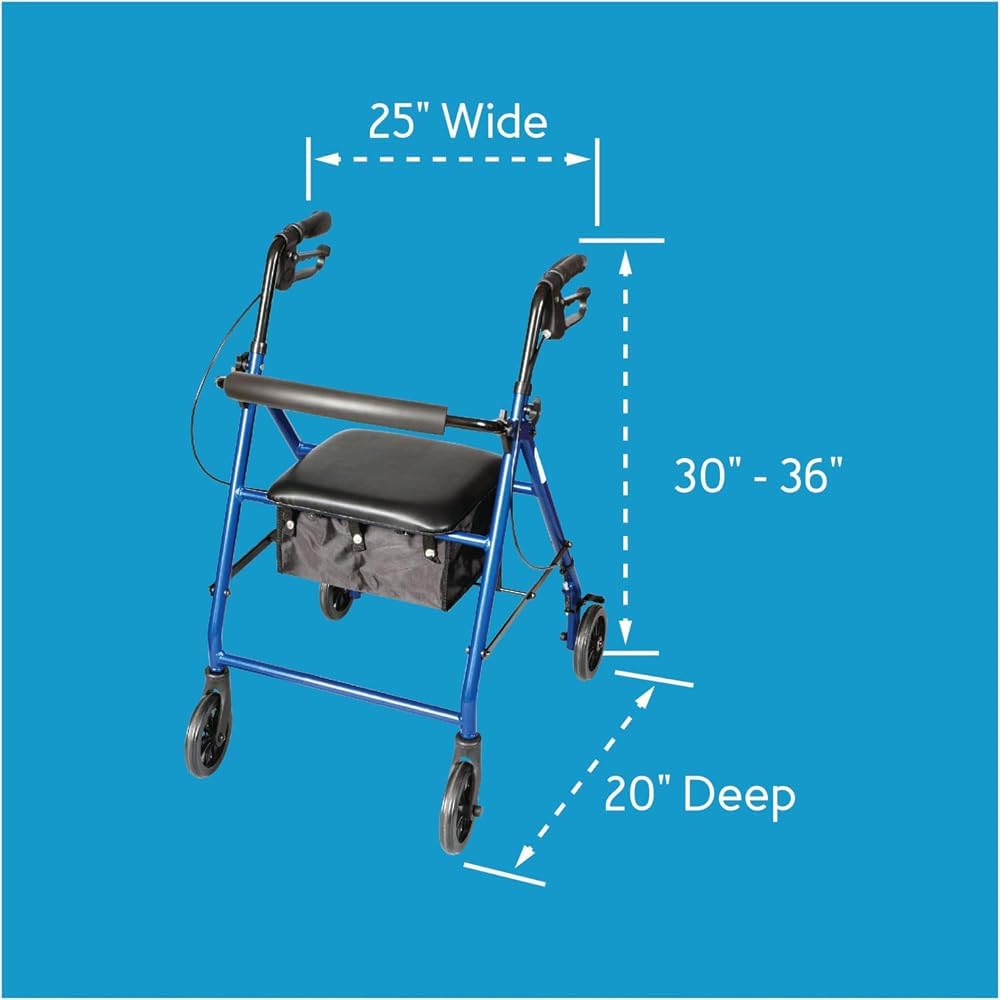 4 Wheel Rollator Carex Classics Blue Adjustable Height, Folding Aluminum Frame