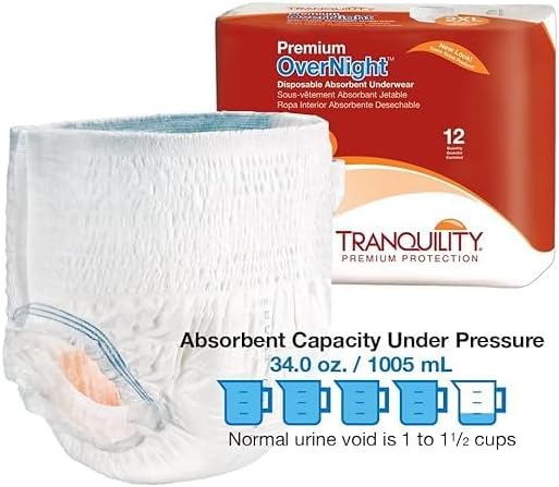 Unisex Adult Absorbent Underwear Tranquility Premium OverNight Pull On with Tear Away Seams 2X-Large Disposable Heavy Absorbency, Packaging Type- Case
