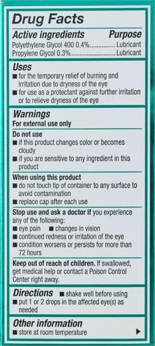 Drug facts label for eye drops with active ingredients, uses, warnings, and directions.