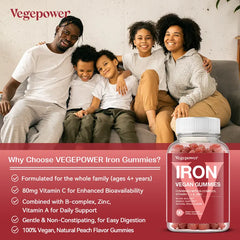 Vegan Iron Gummies Supplement   with Vitamin C, A, B Complex, Folate, Zinc for Adults & Kids   Blood Builder & Energy Support for Iron Deficiency, Anemia, No after Taste   Peach Flavor (90 Ct) Healthcare Dietary