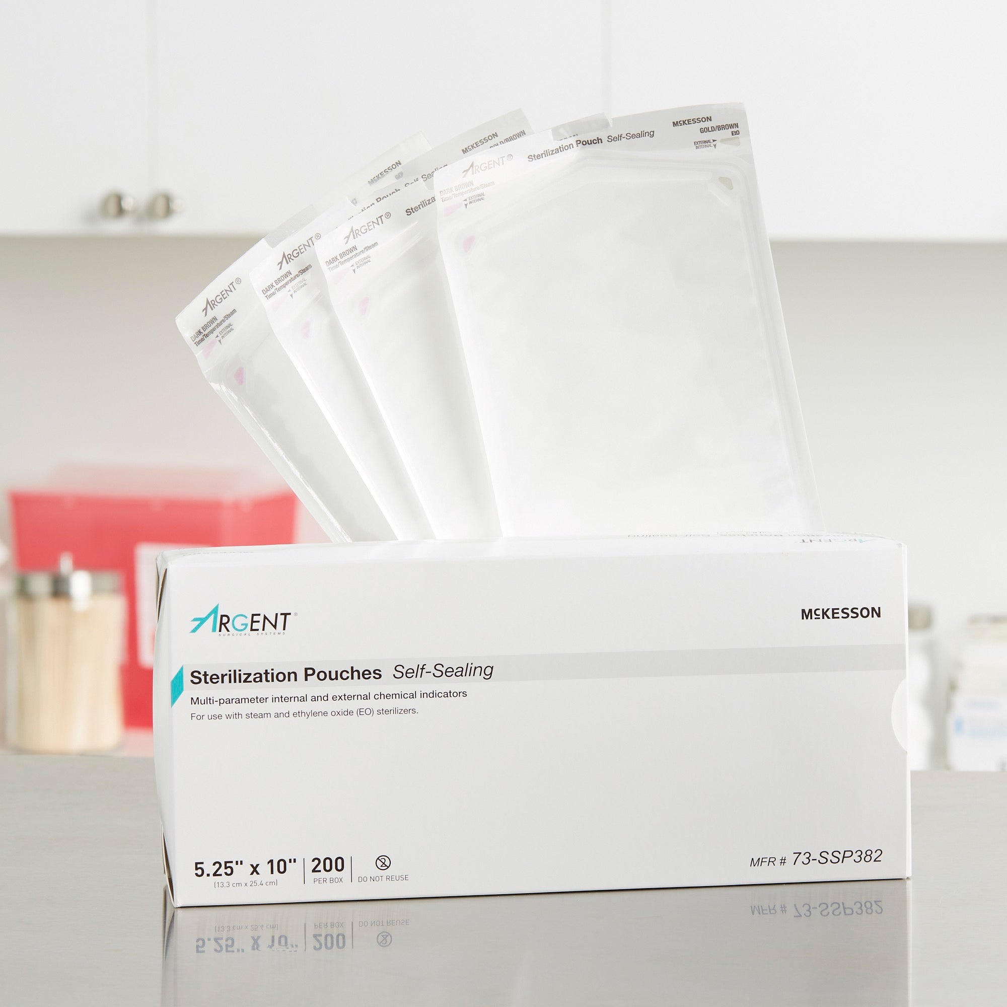 Sterilization Pouch McKesson Argent Sure-Check Ethylene Oxide (EO) Gas / Steam 5-1/4 X 10 Inch Transparent / Blue Self Seal Paper / Film, Packaging Type- Box