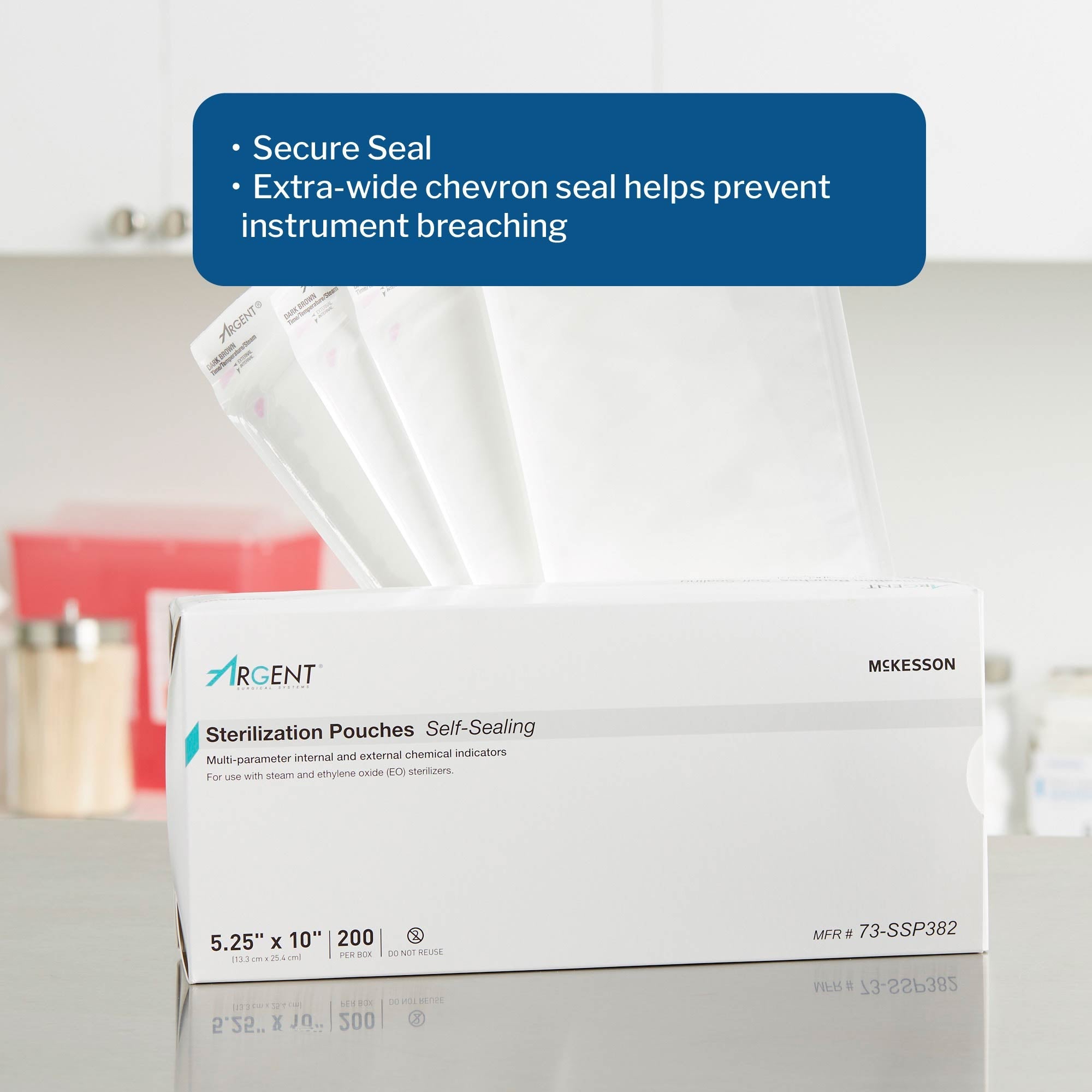Sterilization Pouch McKesson Argent Sure-Check Ethylene Oxide (EO) Gas / Steam 5-1/4 X 10 Inch Transparent / Blue Self Seal Paper / Film, Packaging Type- Case