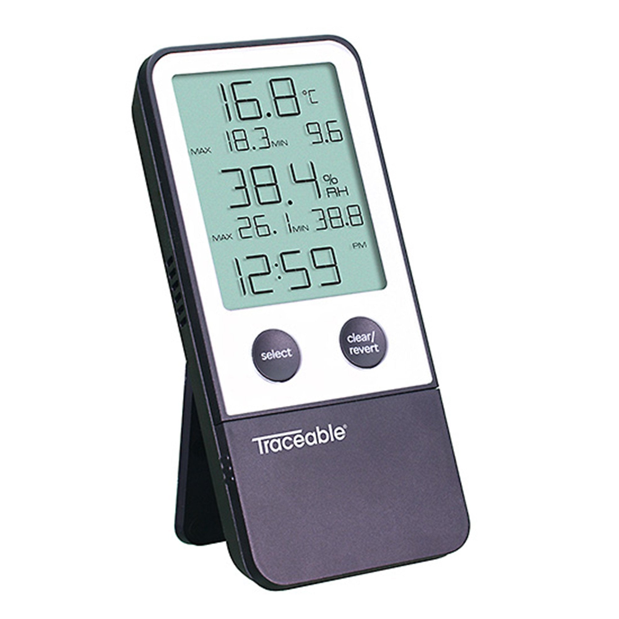Digital Thermometer / Hygrometer Traceable Fahrenheit / Celsius 32° to 122°F (0° to 50°C) Internal Sensor Flip out Stand / Wall Mount Battery Operated