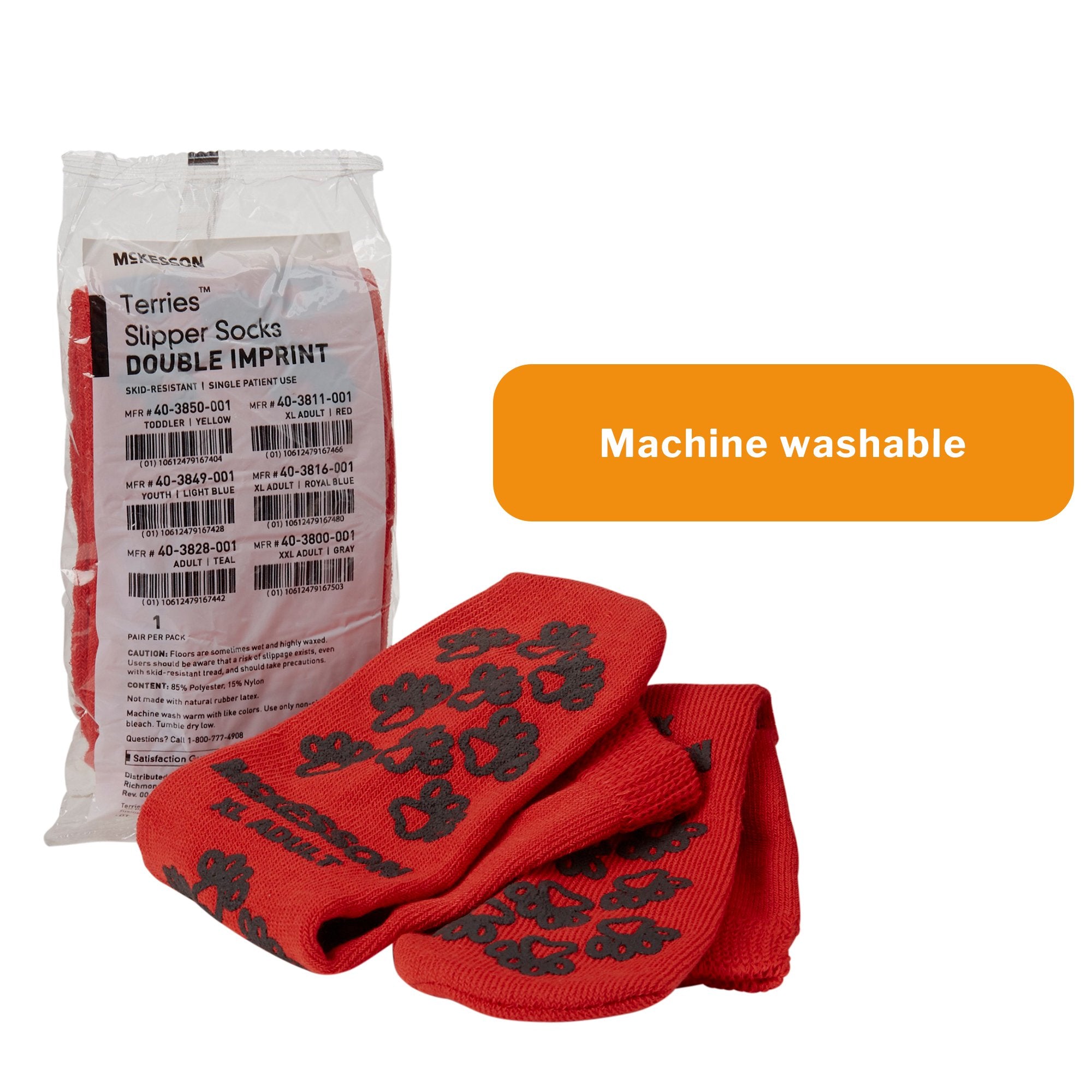 Slipper Socks McKesson Terries Unisex Adult X-Large Double Tread Single Patient Use Red, Packaging Type - Pair