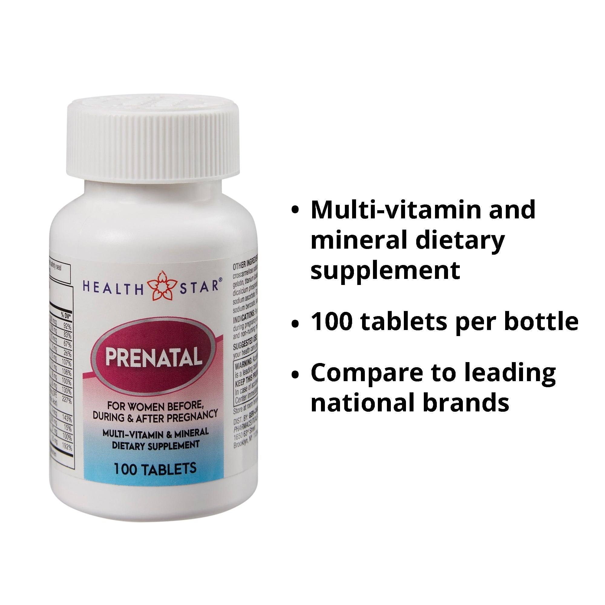 Prenatal Vitamin Supplement HealthStar Tablet 100 per Bottle, Packaging Type- Case