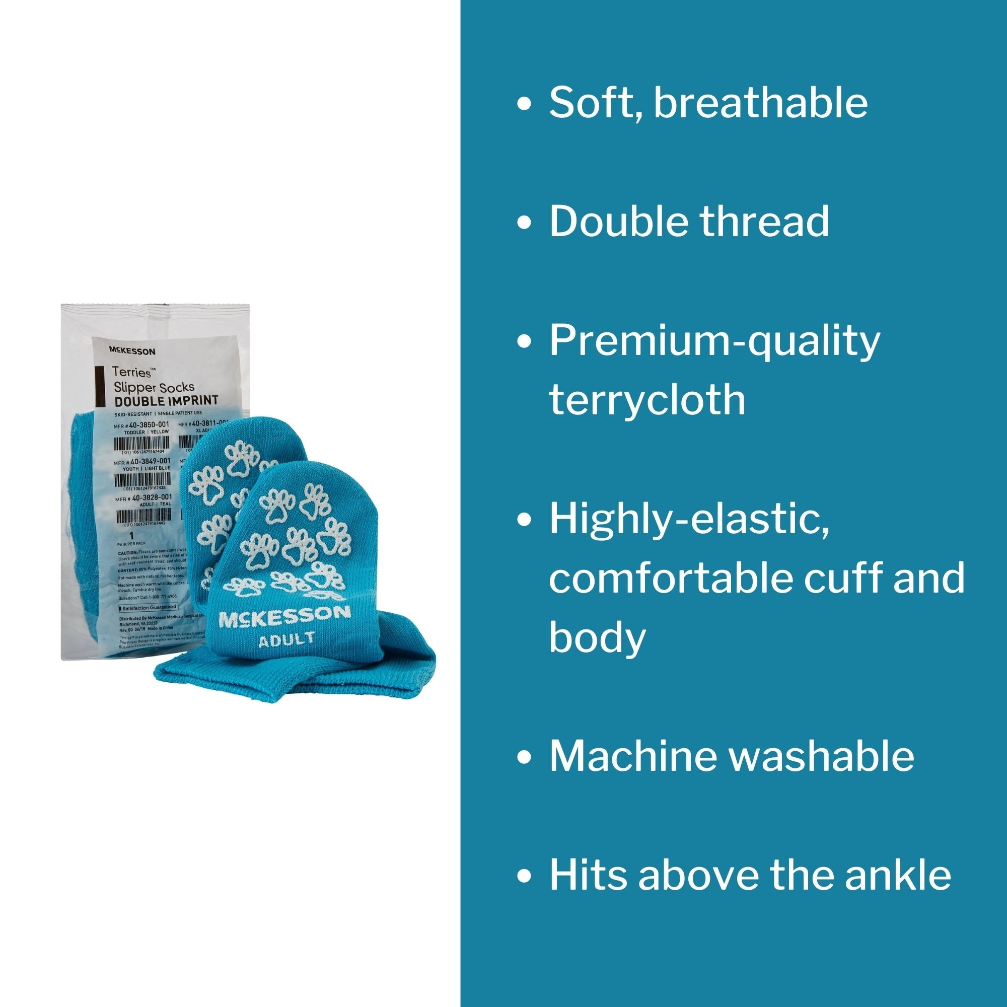 Slipper Socks McKesson Terries Unisex Adult One Size Fits Most Double Tread Single Patient Use Teal, Packaging Type- Case