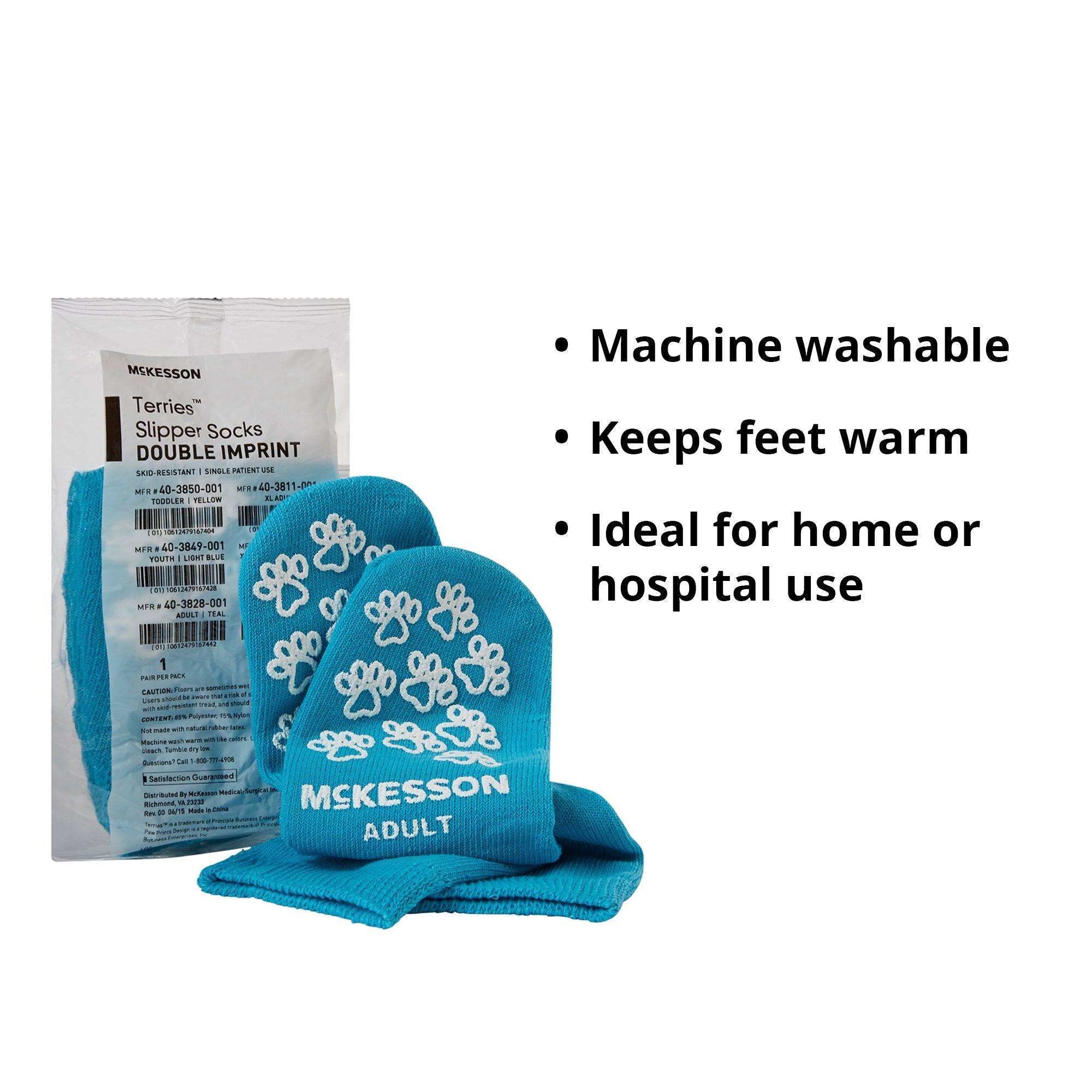 Slipper Socks McKesson Terries Unisex Adult One Size Fits Most Double Tread Single Patient Use Teal, Packaging Type- Case
