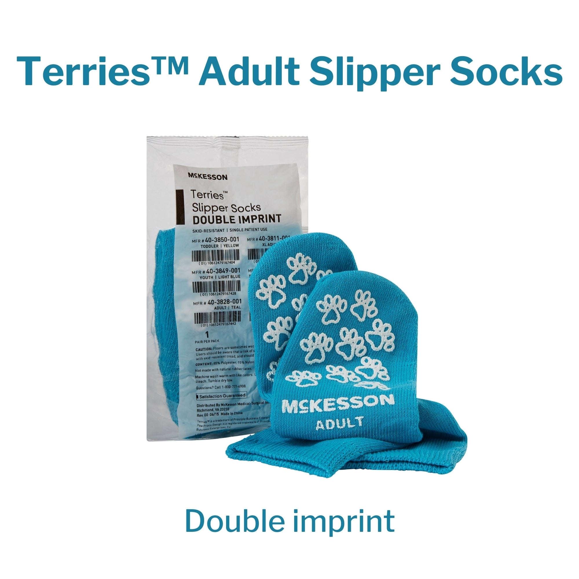 Slipper Socks McKesson Terries Unisex Adult One Size Fits Most Double Tread Single Patient Use Teal, Packaging Type- Case