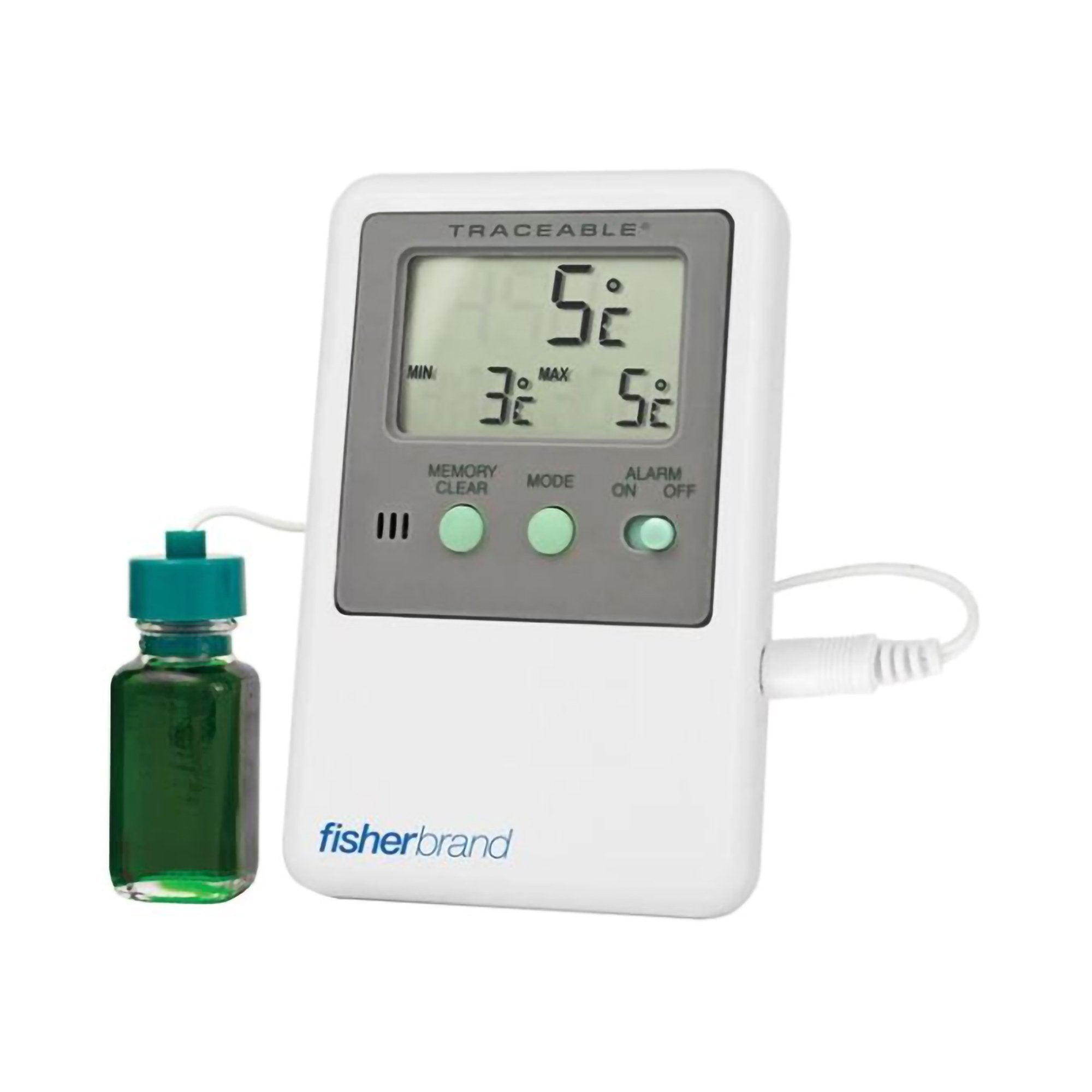 Digital Refrigerator / Freezer Thermometer with Alarm Fisherbrand Traceable Fahrenheit / Celsius -58° to +158°F (-50° to +70°C) Bottle Probe Door / Wall Mount Battery Operated
