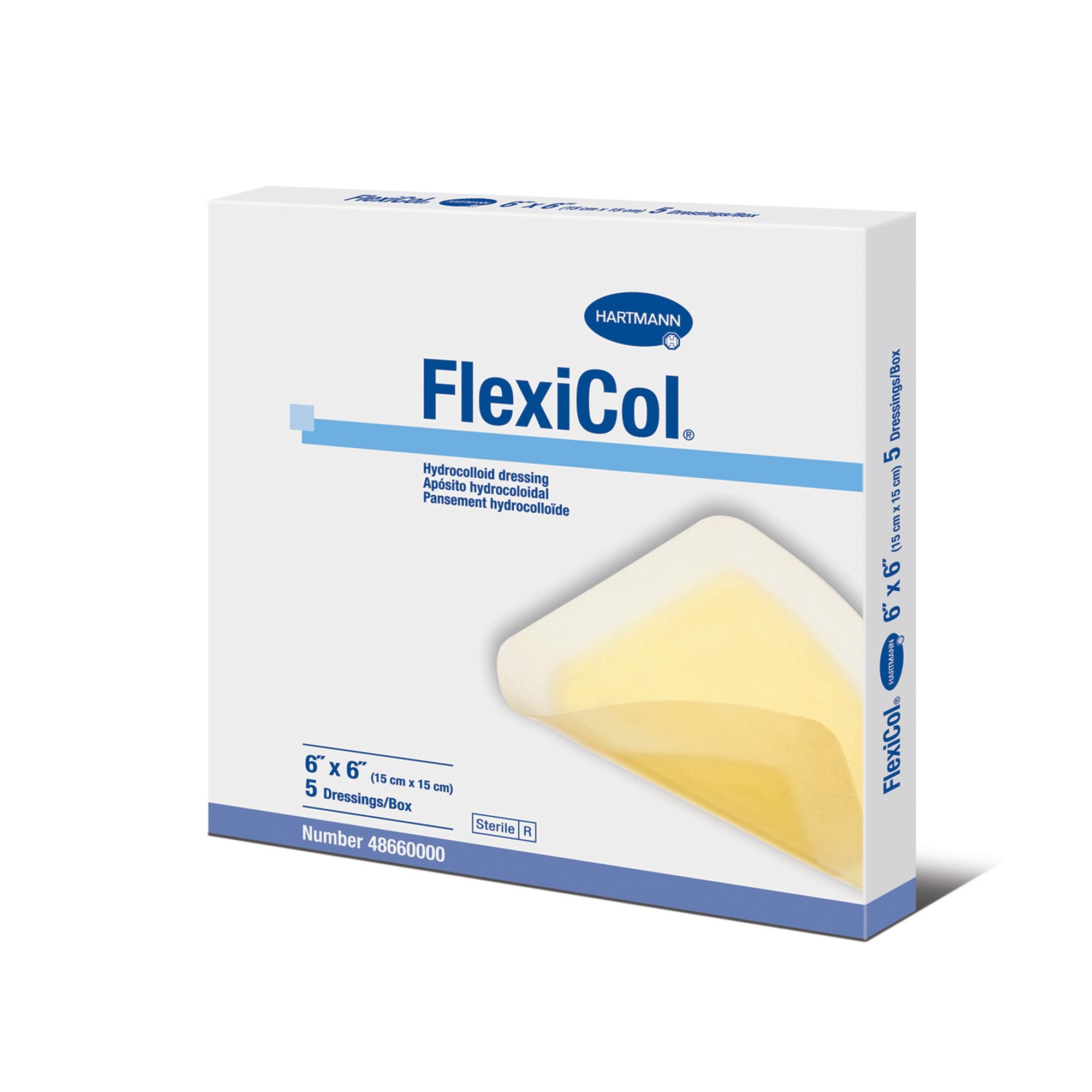 Apósito hidrocoloide FlexiCol sin respaldo, cuadrado de 15 x 15 cm, tipo de embalaje: caja