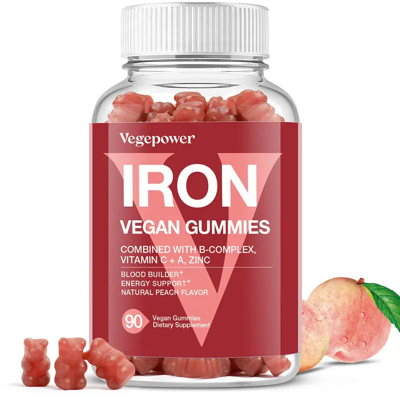 Vegan Iron Gummies Supplement - with Vitamin C, A, B-Complex, Folate, Zinc for Adults & Kids - Blood Builder & Energy Support for Iron Deficiency, Anemia, No after Taste - Peach Flavor (90 Ct) Healthcare Dietary