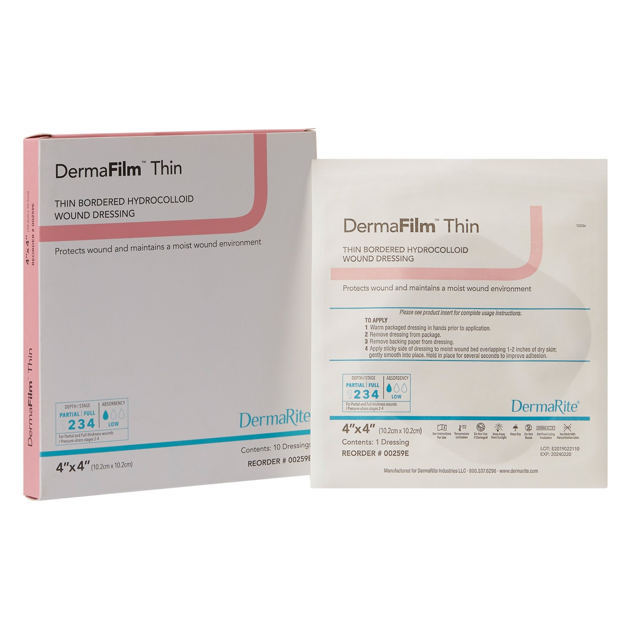 Thin Hydrocolloid Dressing DermaFilm Film Backing 4 X 4 Inch Square Hydrocolloid / Film (10/BX), Packaging Type- Box