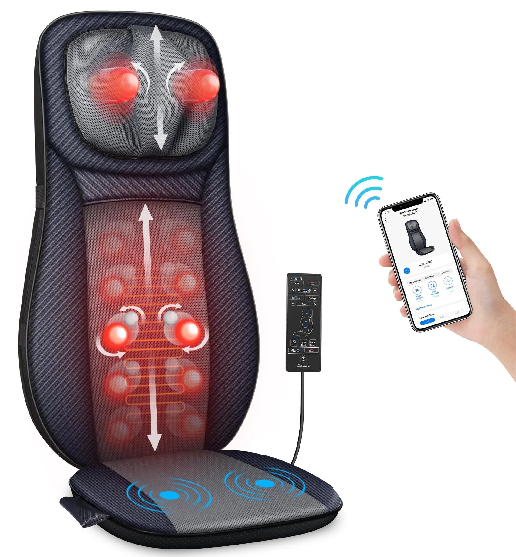 Neck and Back Massager with Heat, Rolling Massage Seat Cushion, Full Body Massage Chair Pad APP Control