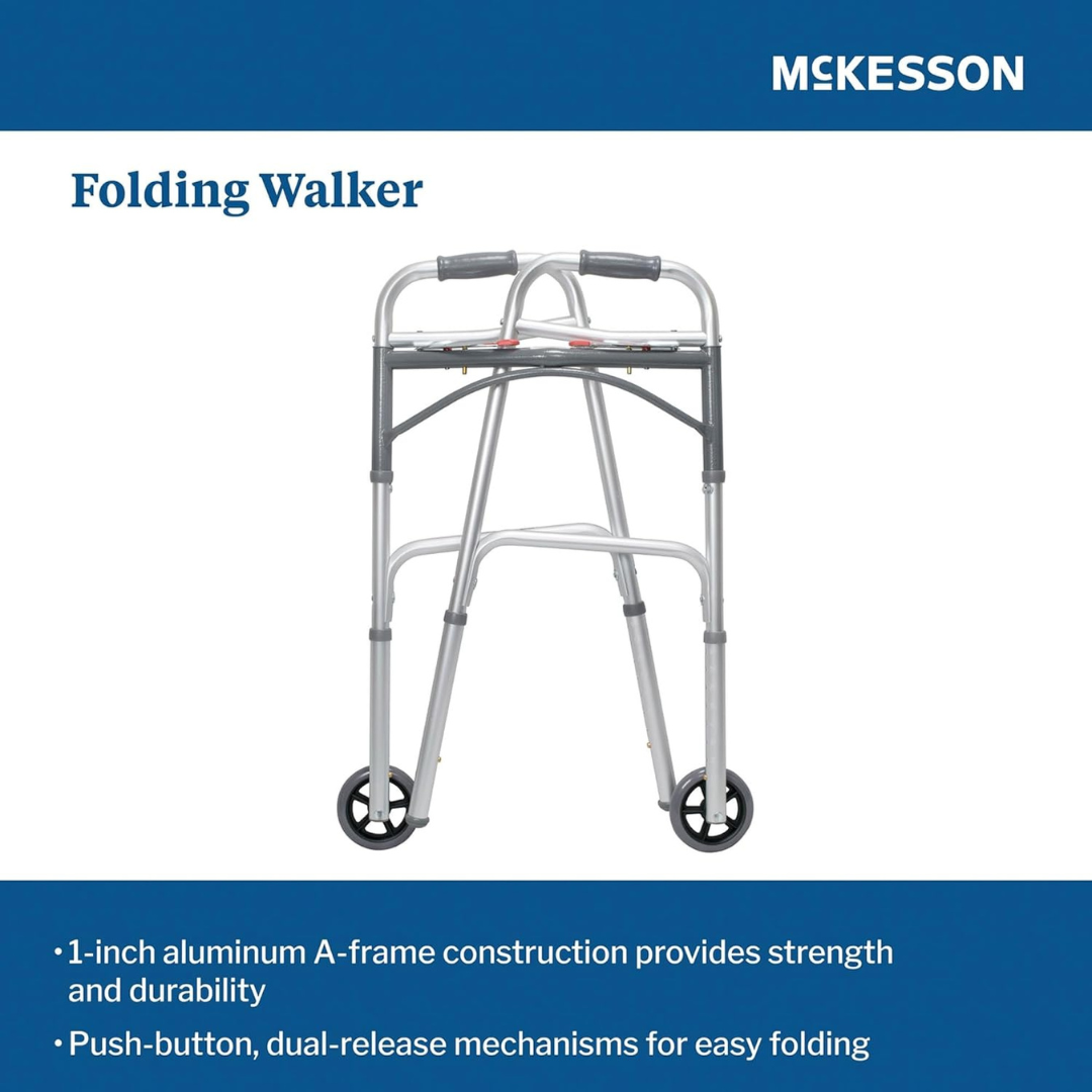 Dual Release Folding Walker with Wheels Adjustable Height McKesson Aluminum Frame 350 lbs. Weight Capacity 32 to 39 Inch Height Packaging type (each)