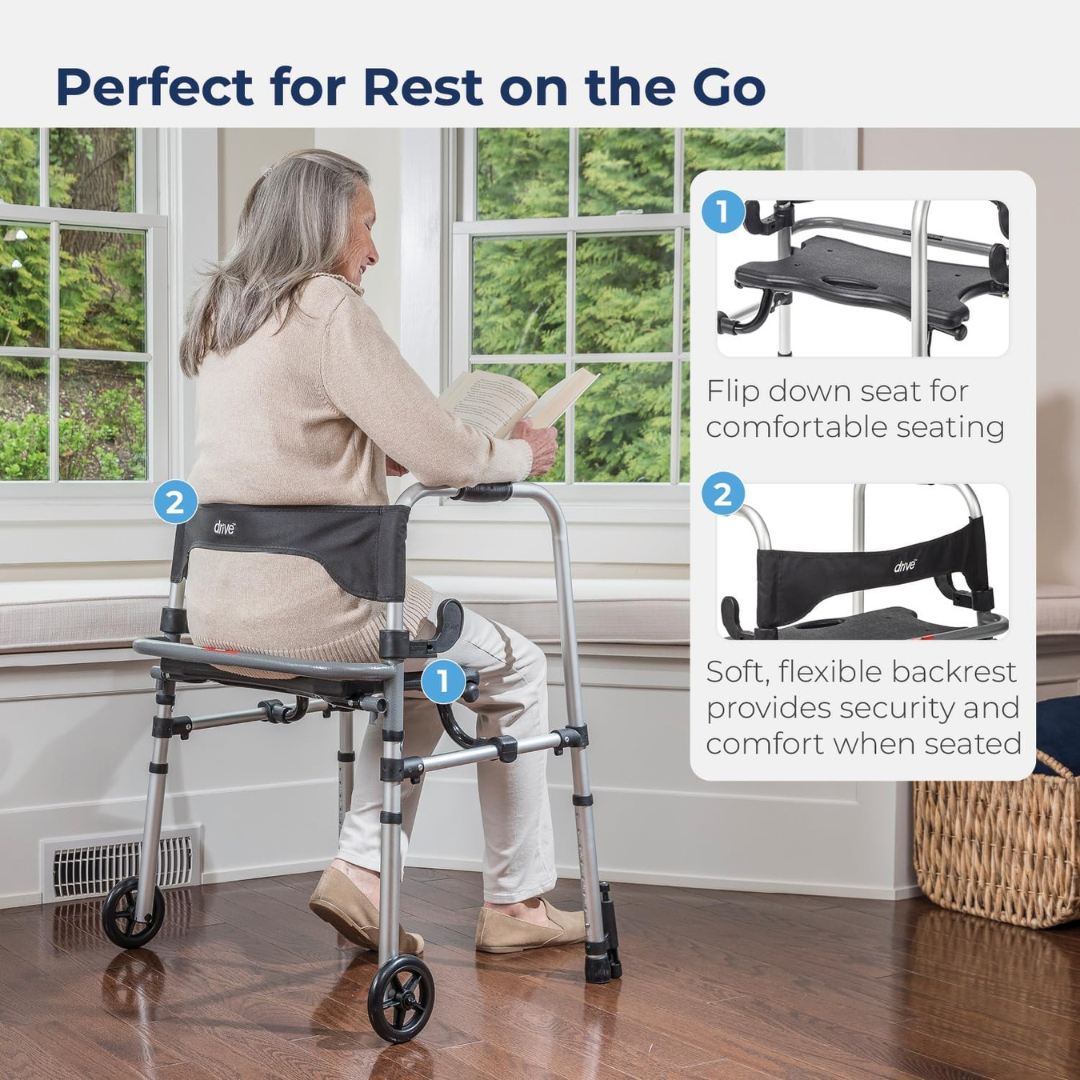 Clever-Lite LS Dual Release Folding Walker with Wheels and Seat Adjustable Height Clever-Lite LS Aluminum Frame 300 lbs. Weight Capacity 29-1/2 to 39 Inch Height, Packaging Type- Each