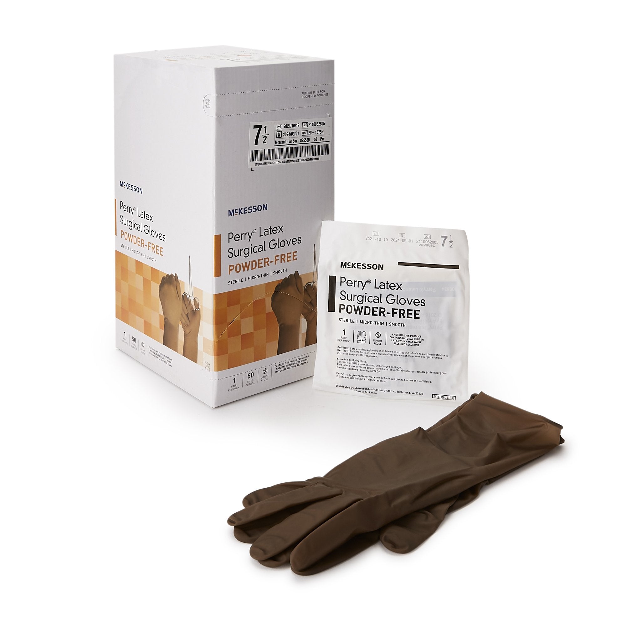 Surgical Glove McKesson Perry Size 7.5 Sterile Latex Standard Cuff Length Smooth Brown Not Chemo Approved