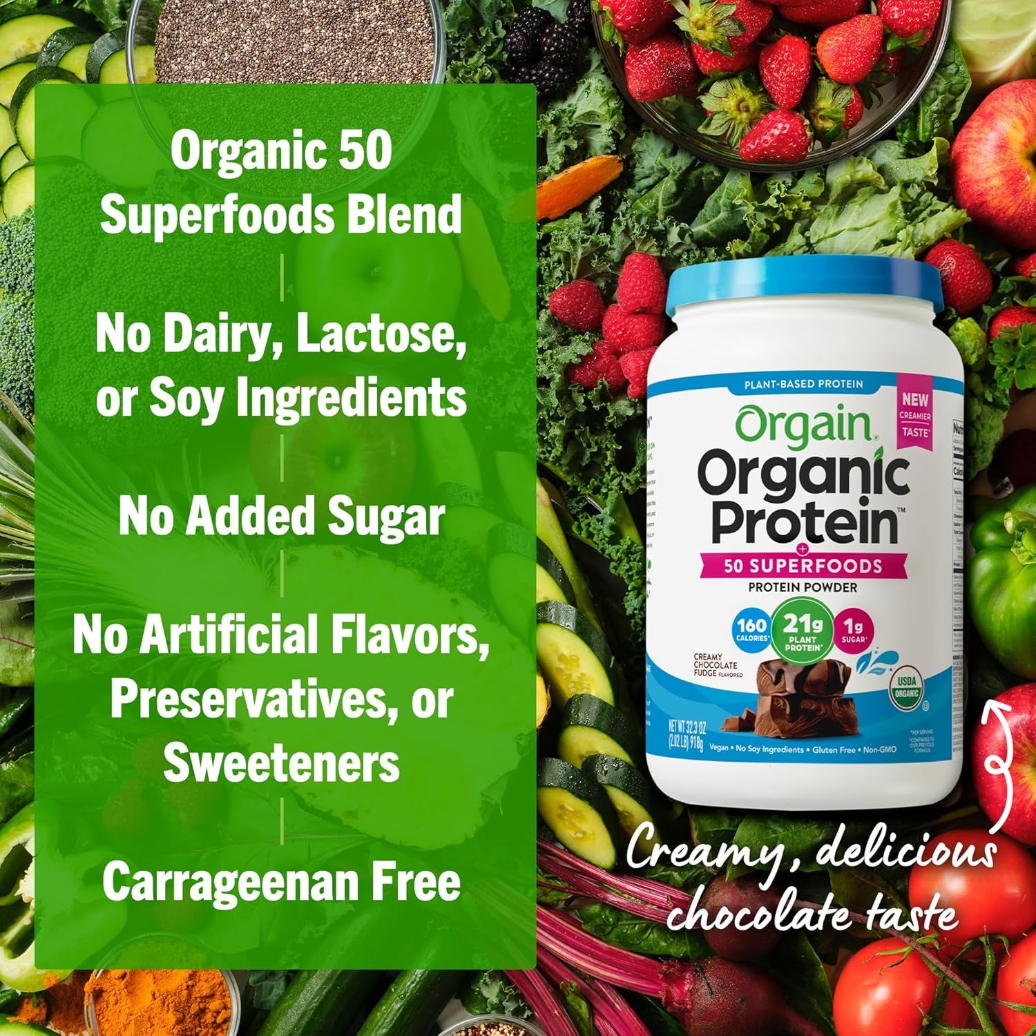 Organic Vegan Protein + 50 Superfoods Powder, Creamy Chocolate Fudge - 21G Plant Based Protein, 10G Prebiotic Fiber, No Lactose Ingredients, Gluten Free, No Added Sugar, Non-Gmo, 2.02 Lb