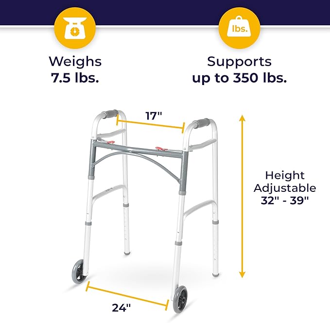Deluxe Dual Release Folding Walker with Wheels Adjustable Height drive Deluxe Aluminum Frame 350 lbs. Weight Capacity 25 to 32-1/4 Inch Height, Packaging Type- Each