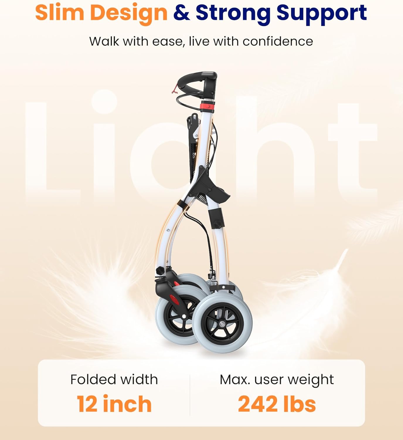 VOCIC Z32 Slim Foldable Indoor Rollator– Lightweight Indoor Walker with 360degree Wheels, Non-Slip Tires & 110kg Capacity