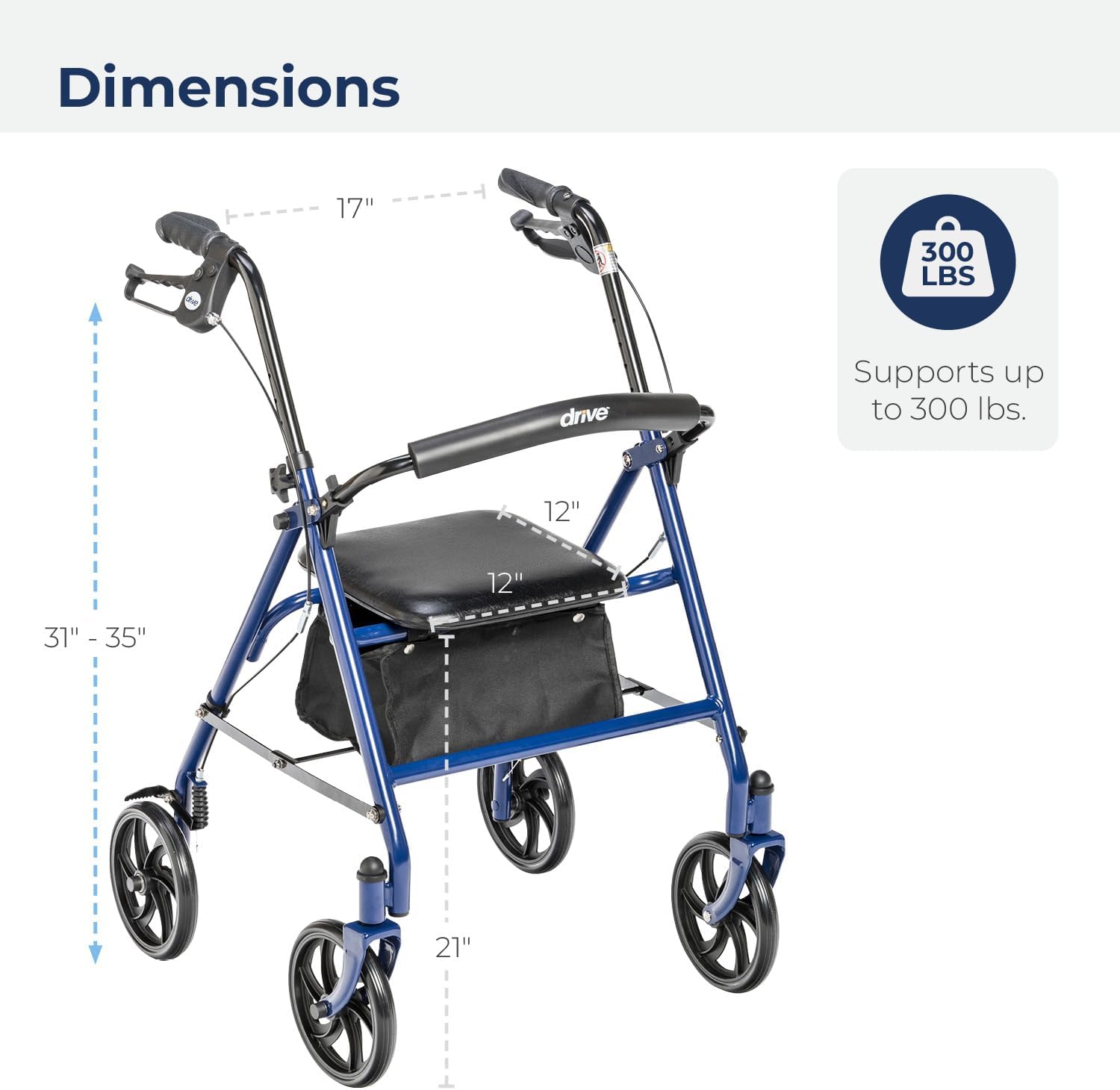 4 Wheel Rollator drive Blue Adjustable Height / Folding Steel Frame