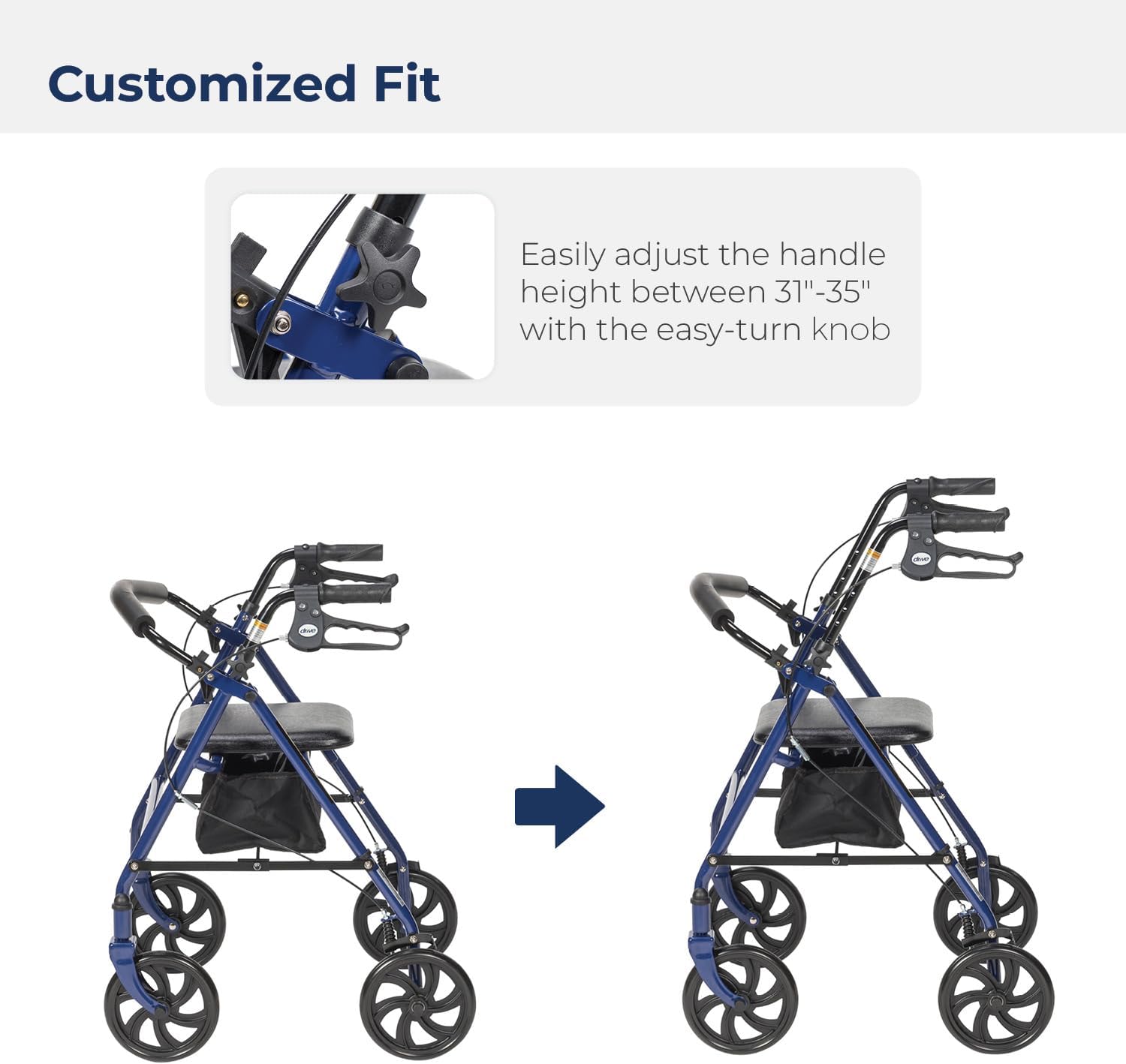 4 Wheel Rollator drive Blue Adjustable Height / Folding Steel Frame