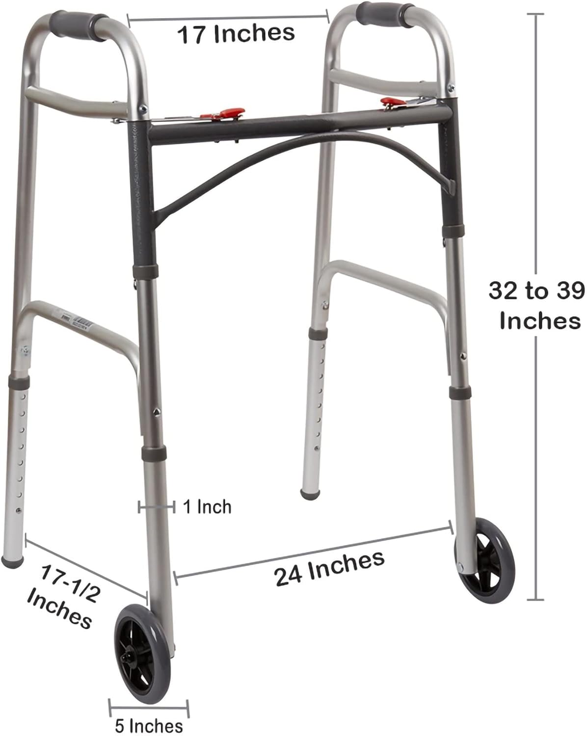 Dual Release Folding Walker with Wheels Adjustable Height McKesson Steel Frame 350 lbs. Weight Capacity 32 to 39 Inch Height, Packaging Type-Case