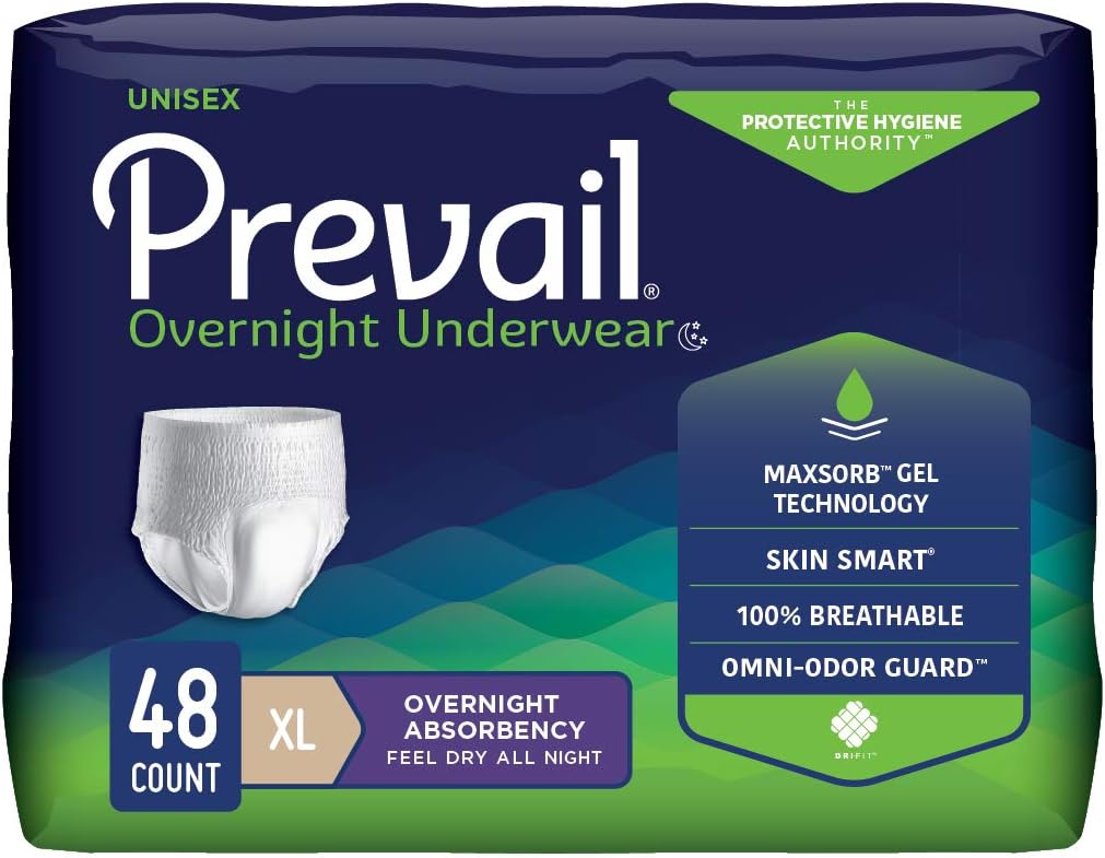 Unisex Adult Absorbent Underwear Prevail Overnight Pull On with Tear Away Seams X-Large Disposable Heavy Absorbency, Packaging Type- Case