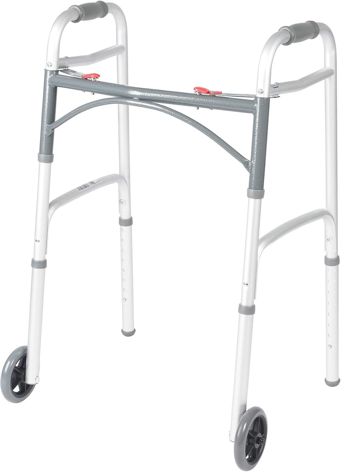 Dual Release Folding Walker with Wheels Adjustable Height McKesson Aluminum Frame 350 lbs. Weight Capacity 32 to 39 Inch Height