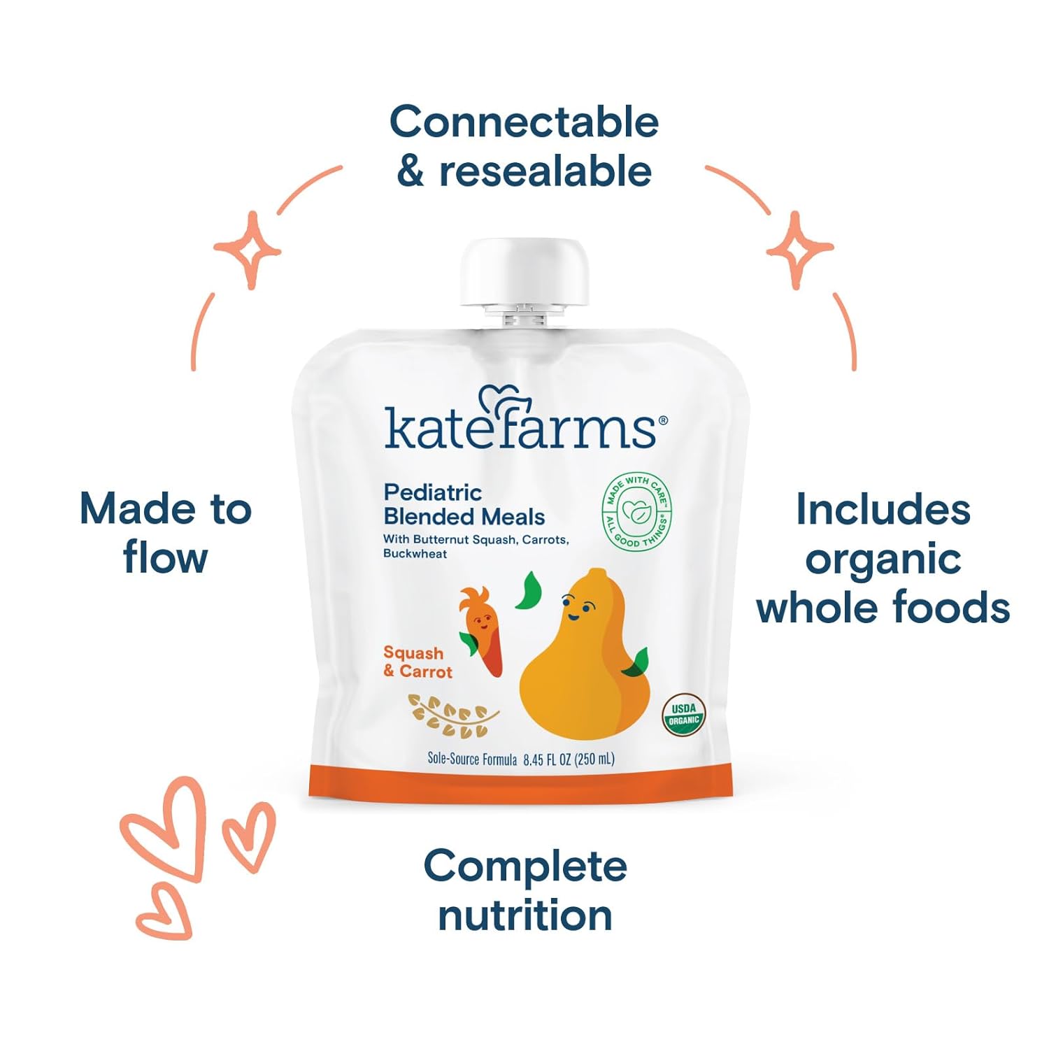 Pediatric Tube Feeding Formula Kate Farms Squash / Carrot Flavor 8.45 oz. / 250 mL Pouch Liquid Organic Pea Protein,Packaging Type- Each