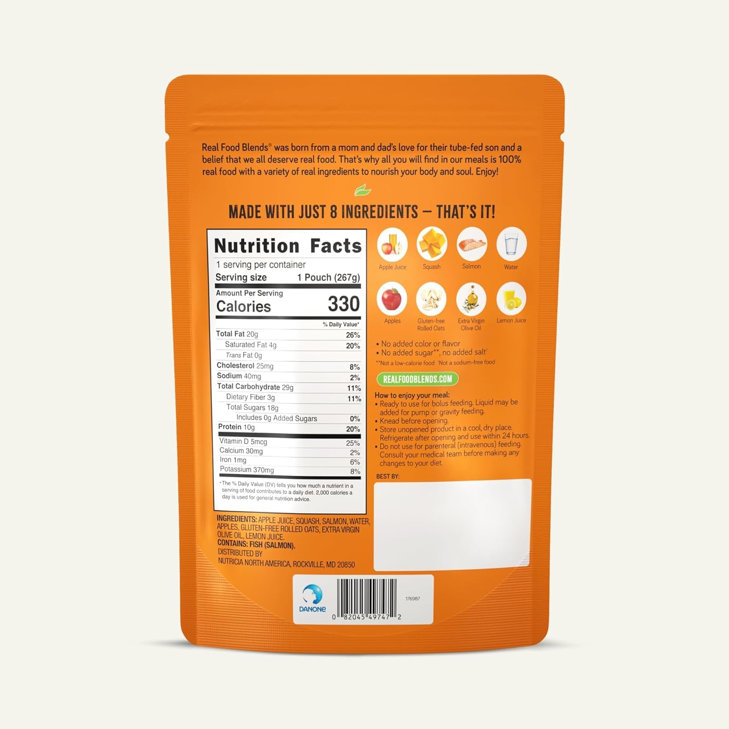 Tube Feeding Formula Real Food Blends Salmon / Oats / Squash Flavor Liquid 9.4 oz. Pouch,Packaging Type- Each
