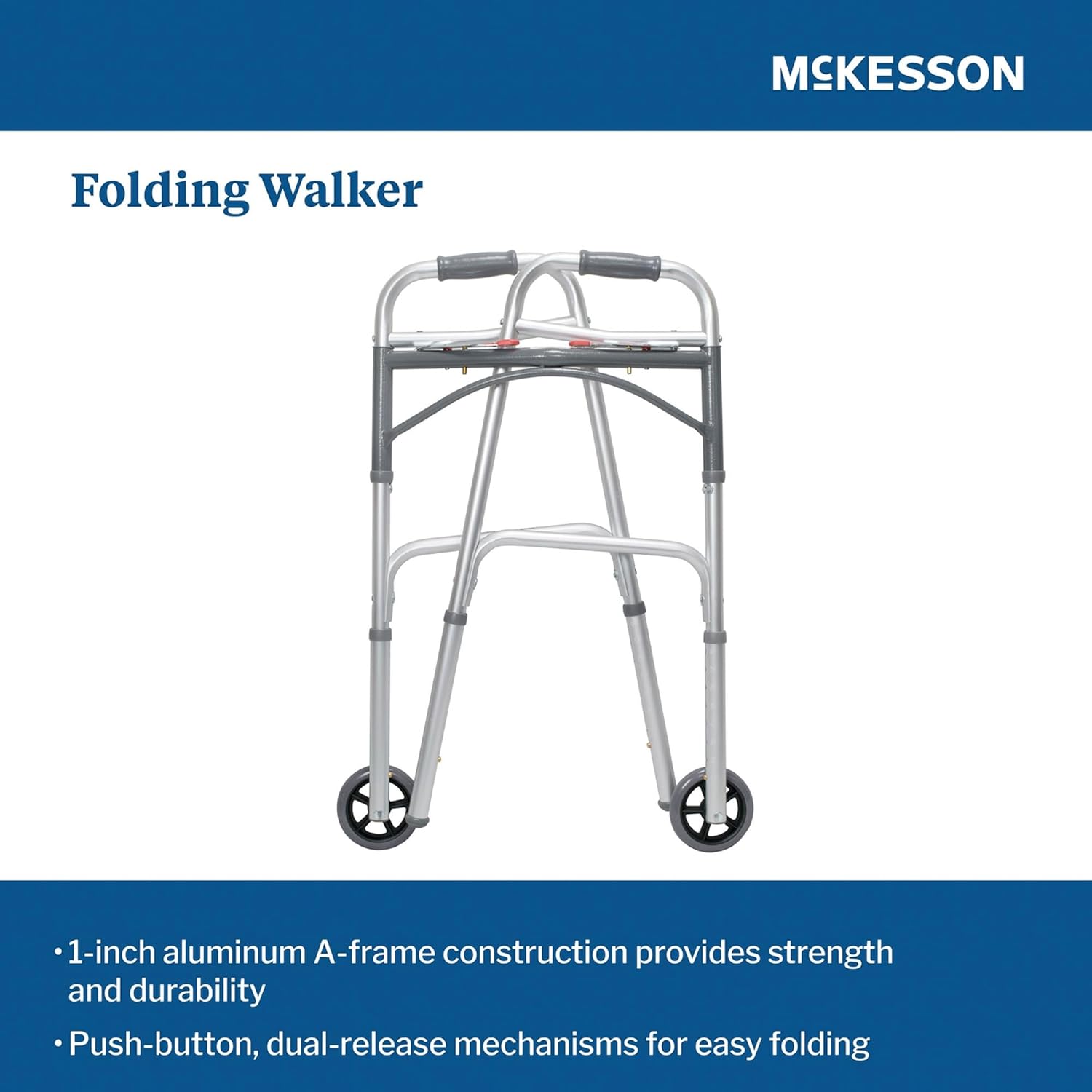 Dual Release Folding Walker with Wheels Adjustable Height McKesson Steel Frame 350 lbs. Weight Capacity 32 to 39 Inch Height, Packaging Type-Case