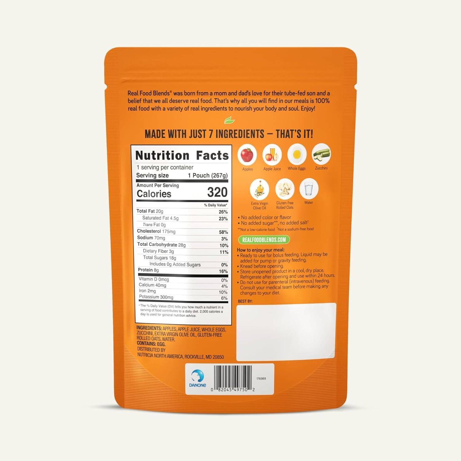 Tube Feeding Formula Real Food Blends Apples, Whole Eggs, Water, Zucchini, Falxseed Oil, Rolled Oats (Oats are certified gluten-free.) Liquid 9.4 oz. Pouch,Packaging Type- Each