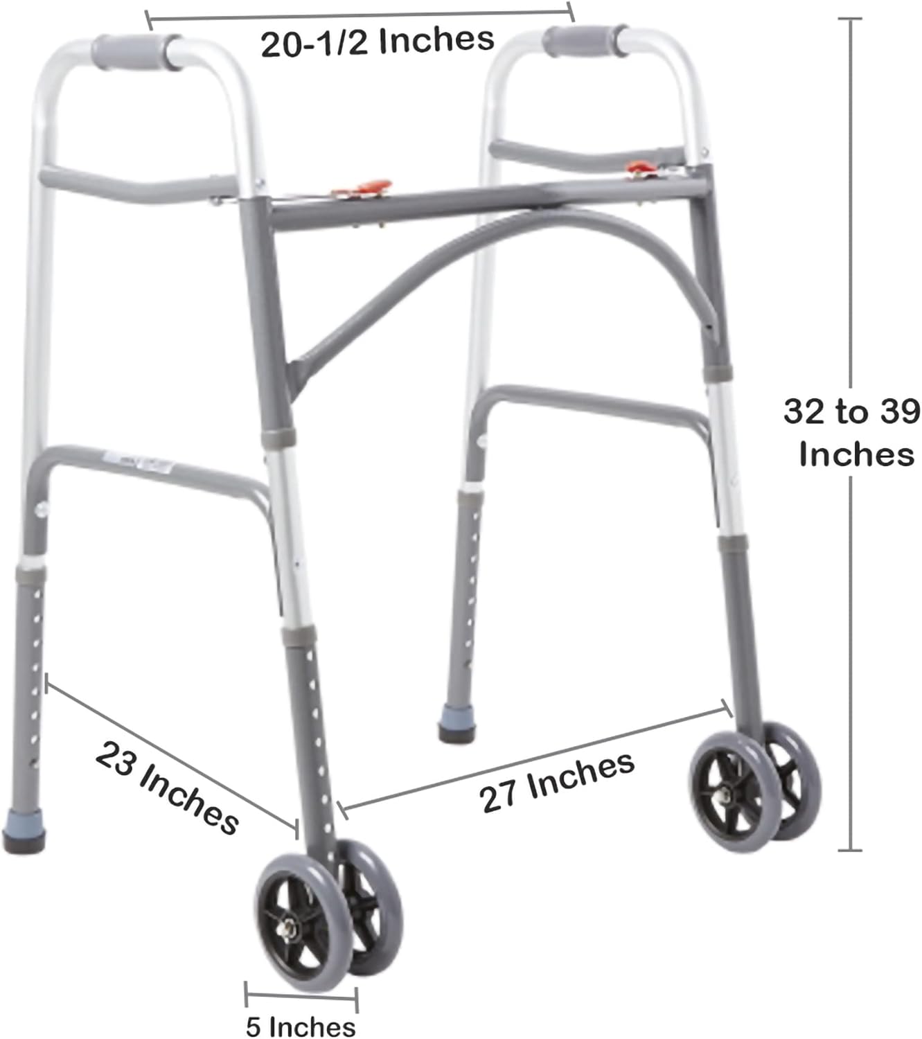 Bariatric Dual Release Folding Walker with Wheels Adjustable Height McKesson Steel Frame 500 lbs. Weight Capacity 32 to 39 Inch Height