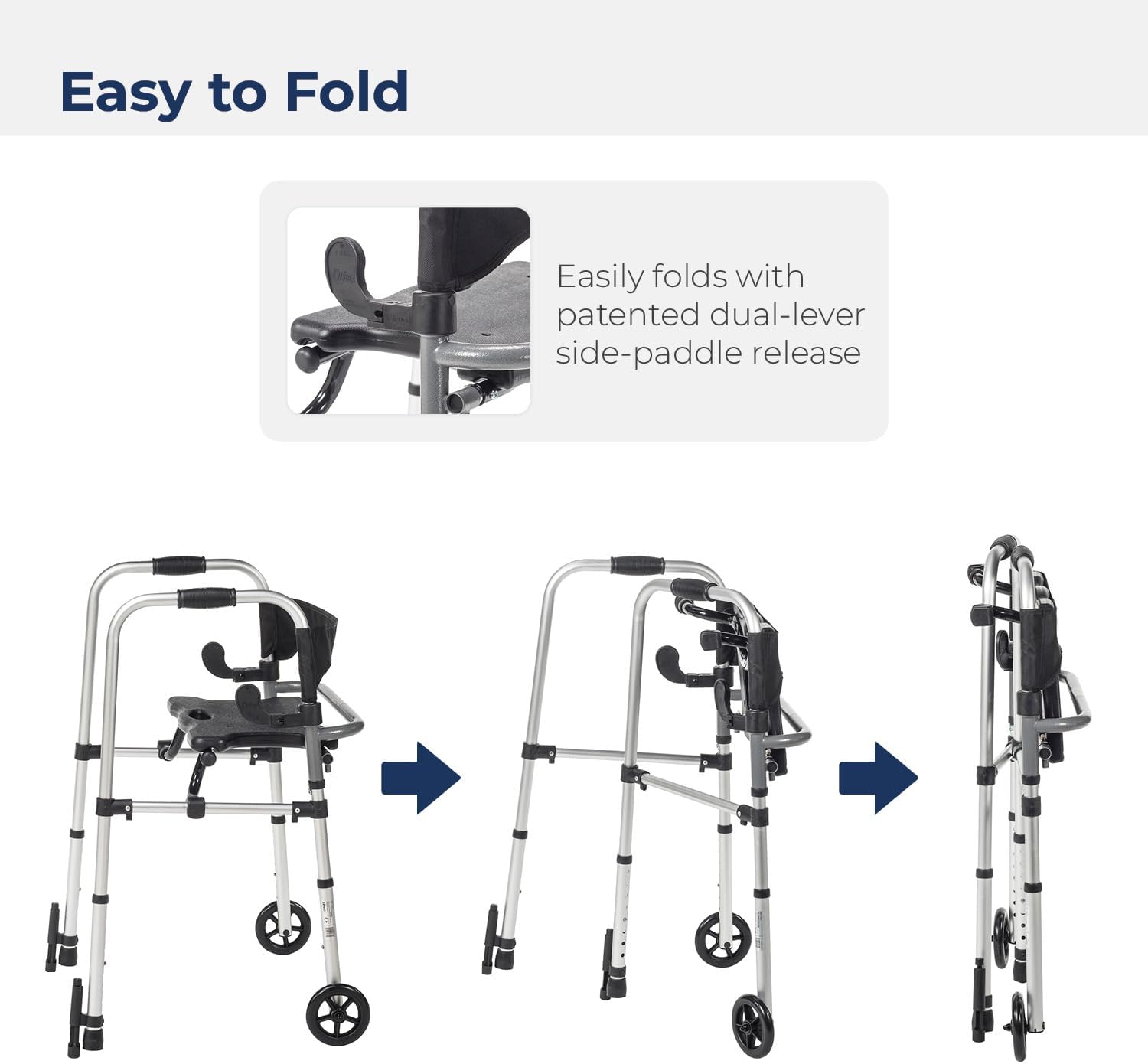 Dual Release Folding Walker with Wheels and Seat Adjustable Height Clever-Lite LS Aluminum Frame 300 lbs. Weight Capacity 29-1/2 to 39 Inch Height