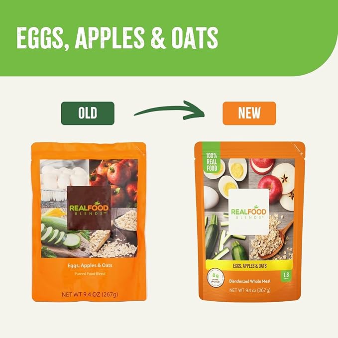 Tube Feeding Formula Real Food Blends Apples, Whole Eggs, Water, Zucchini, Falxseed Oil, Rolled Oats (Oats are certified gluten-free.) Liquid 9.4 oz. Pouch